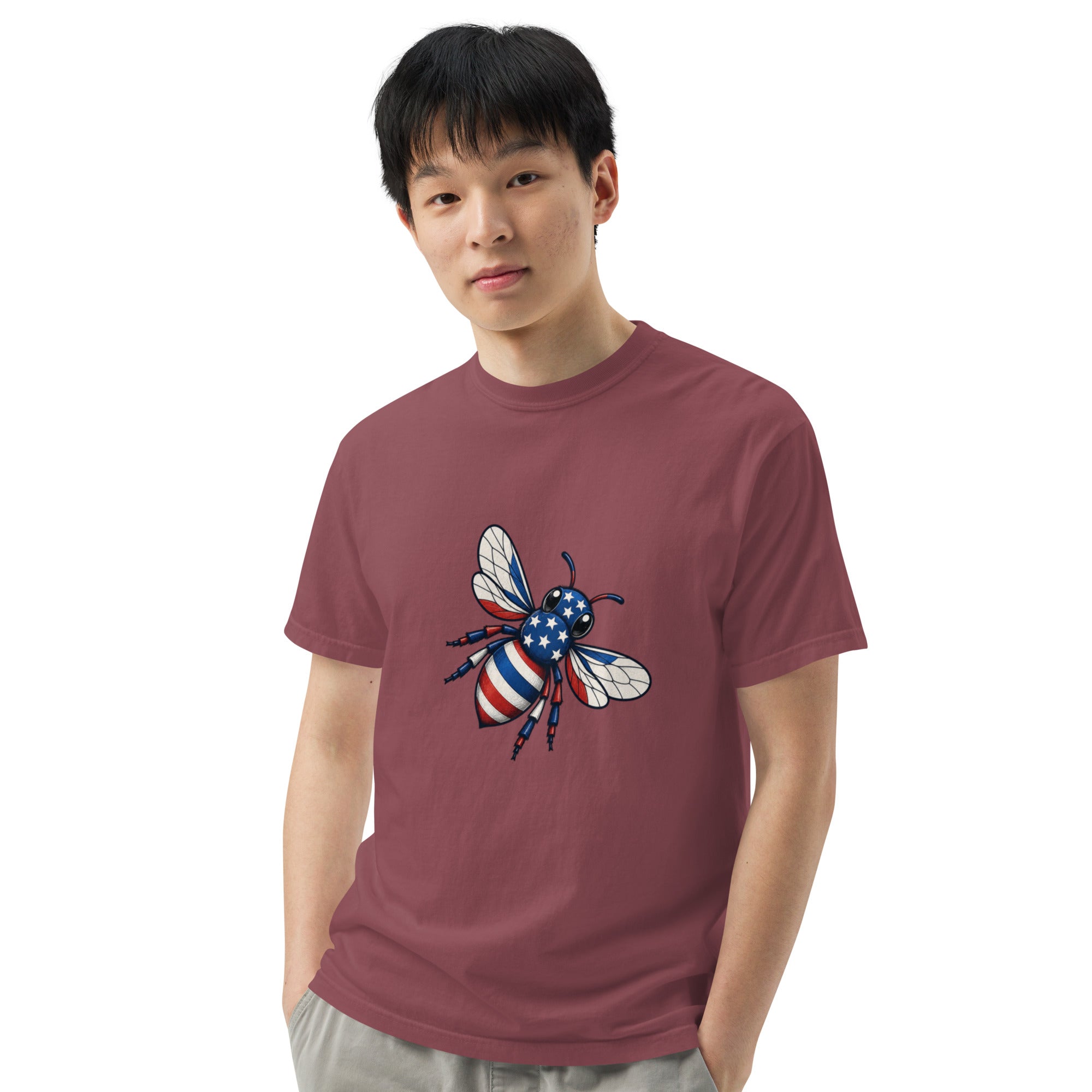 Unisex heavyweight t-shirt, brick red, chest graphic bee with striped wings