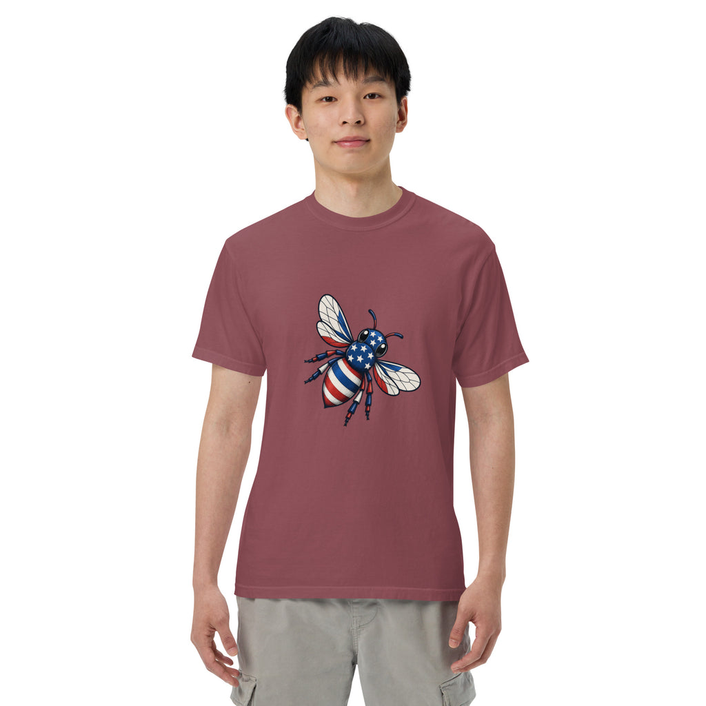 Heavyweight unisex T-shirt, maroon with front graphic of a blue-and-white bee and stars
