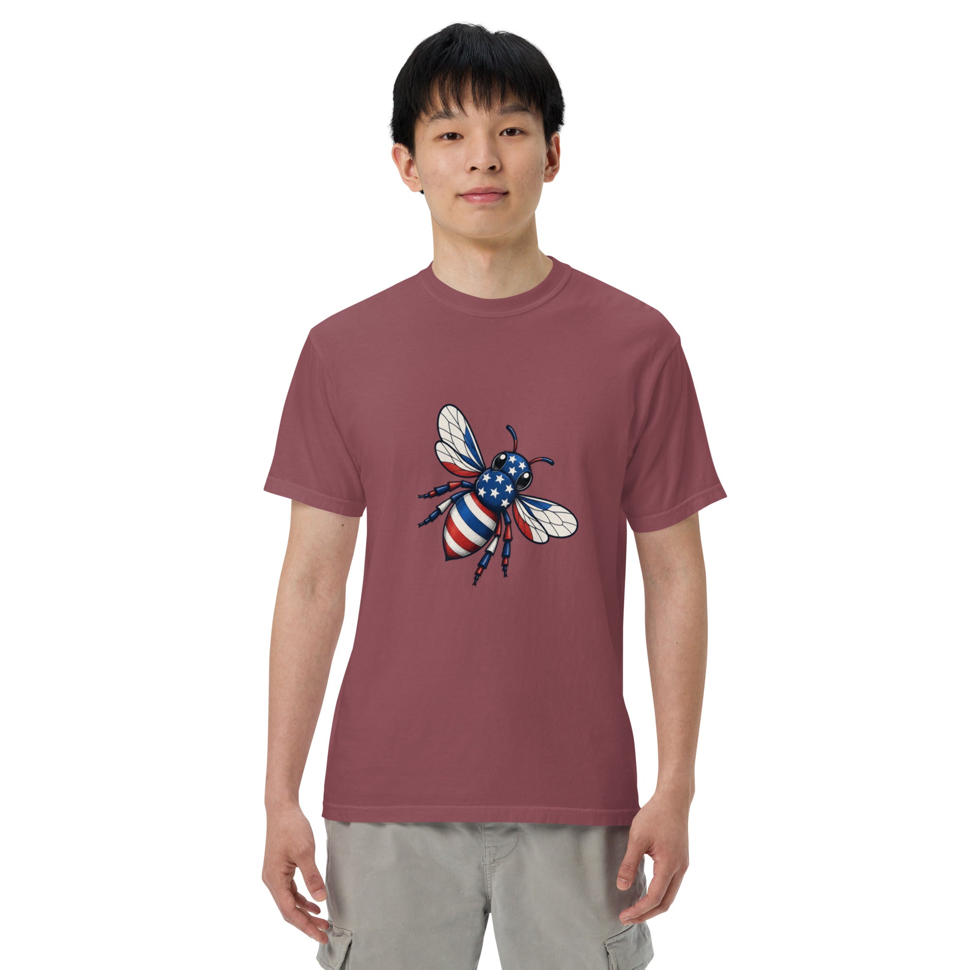 Heavyweight unisex T-shirt, maroon with front graphic of a blue-and-white bee and stars