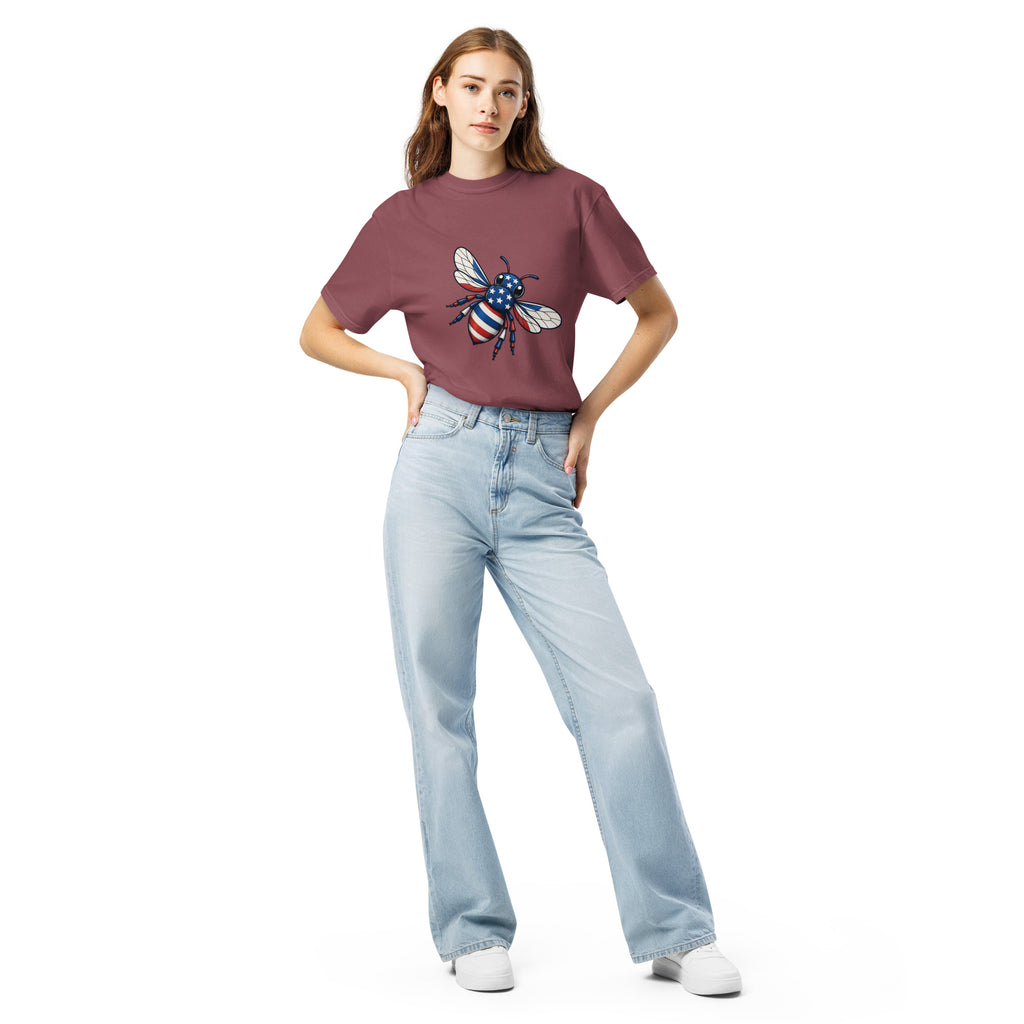 Unisex heavyweight t-shirt, maroon, with colorful bee chest graphic