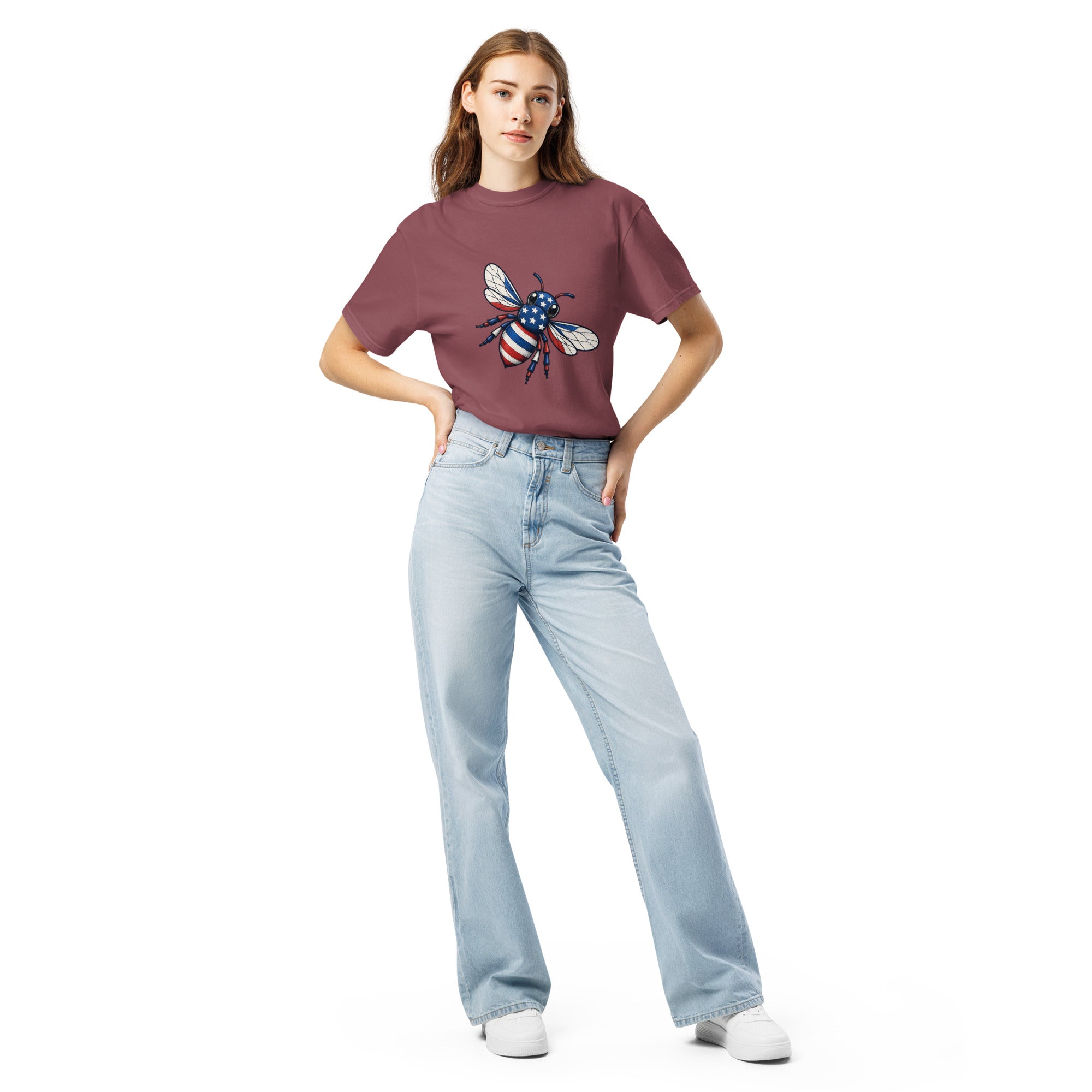 Unisex heavyweight t-shirt, maroon, with colorful bee chest graphic