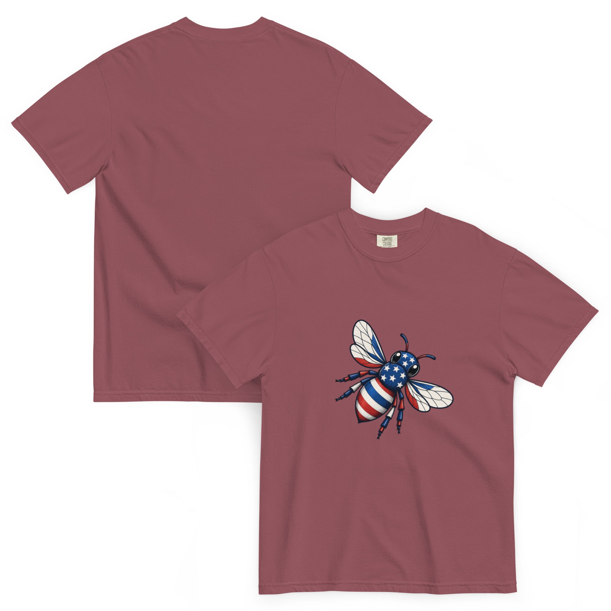Unisex heavyweight T-shirt, brick red, crew neck, bee graphic on chest.