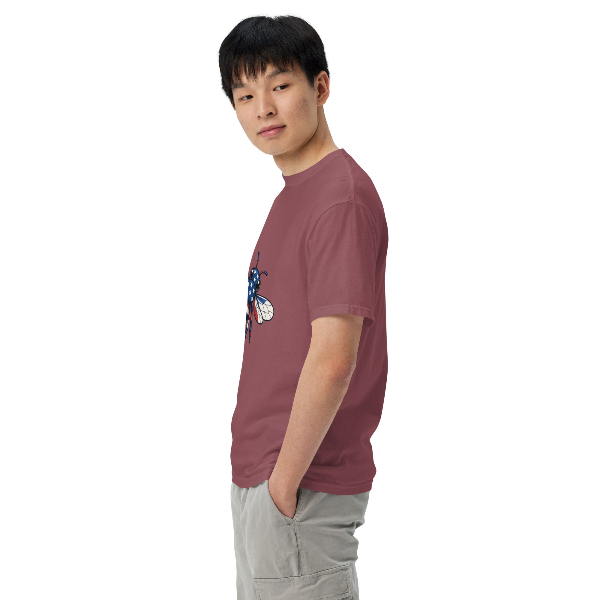 Unisex heavyweight t-shirt in mauve with chest graphic print