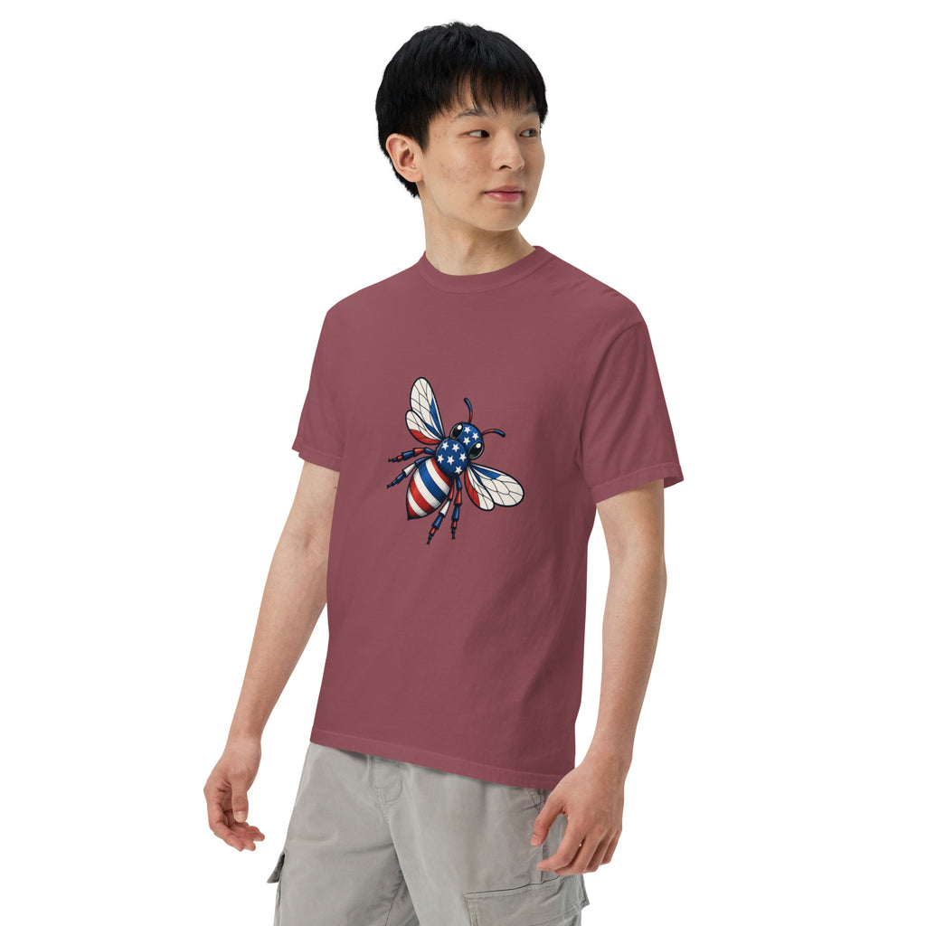 Mauve heavyweight unisex crew-neck T-shirt with colorful bee graphic on chest.