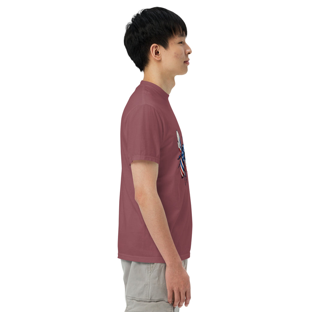 Unisex heavyweight T-shirt, burgundy side view with crew neck and short sleeves