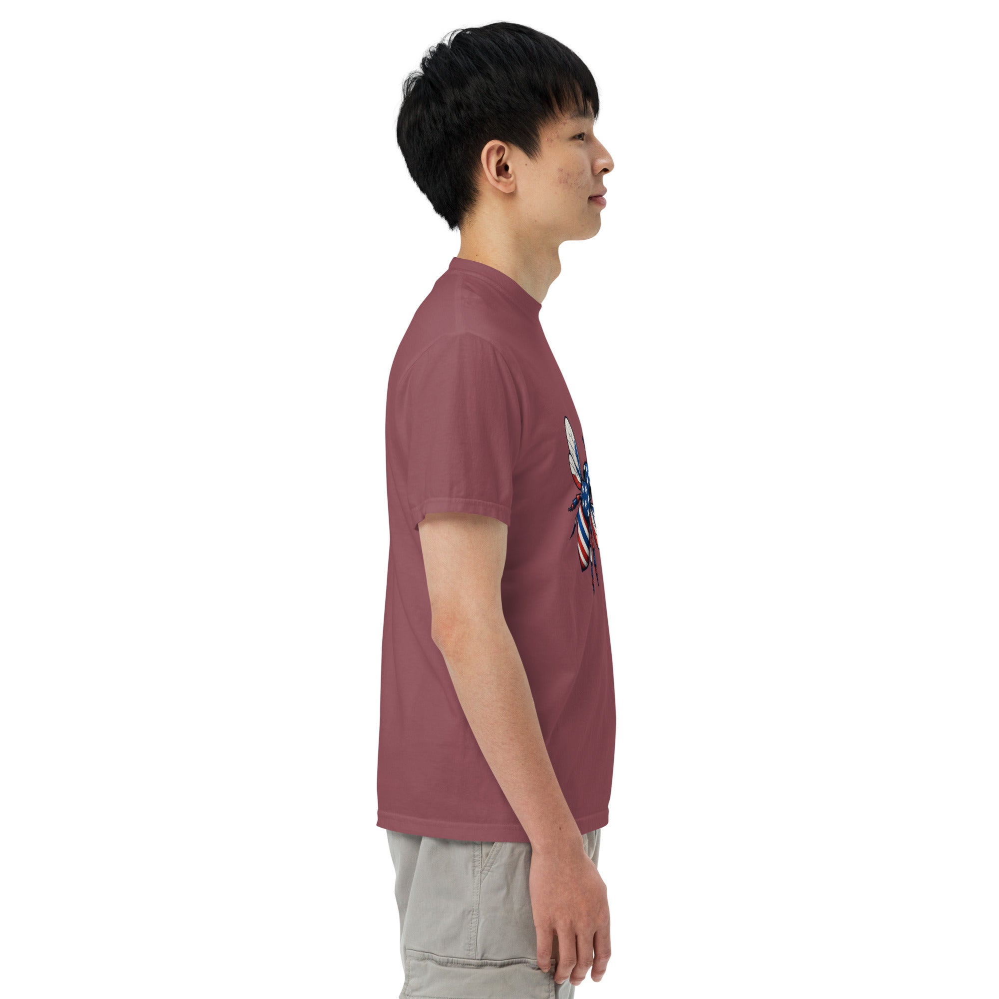 Unisex heavyweight T-shirt, burgundy side view with crew neck and short sleeves