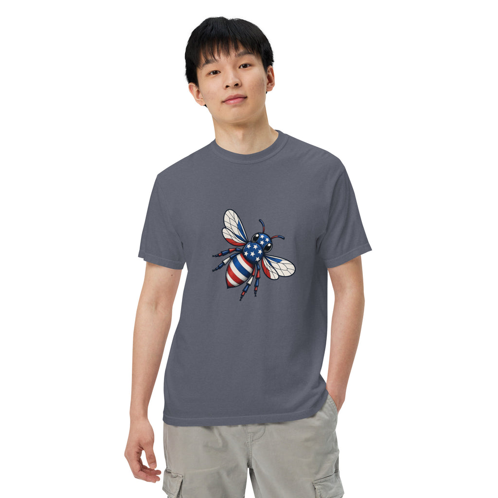 Slate gray unisex heavyweight T-shirt with colorful bee graphic on chest
