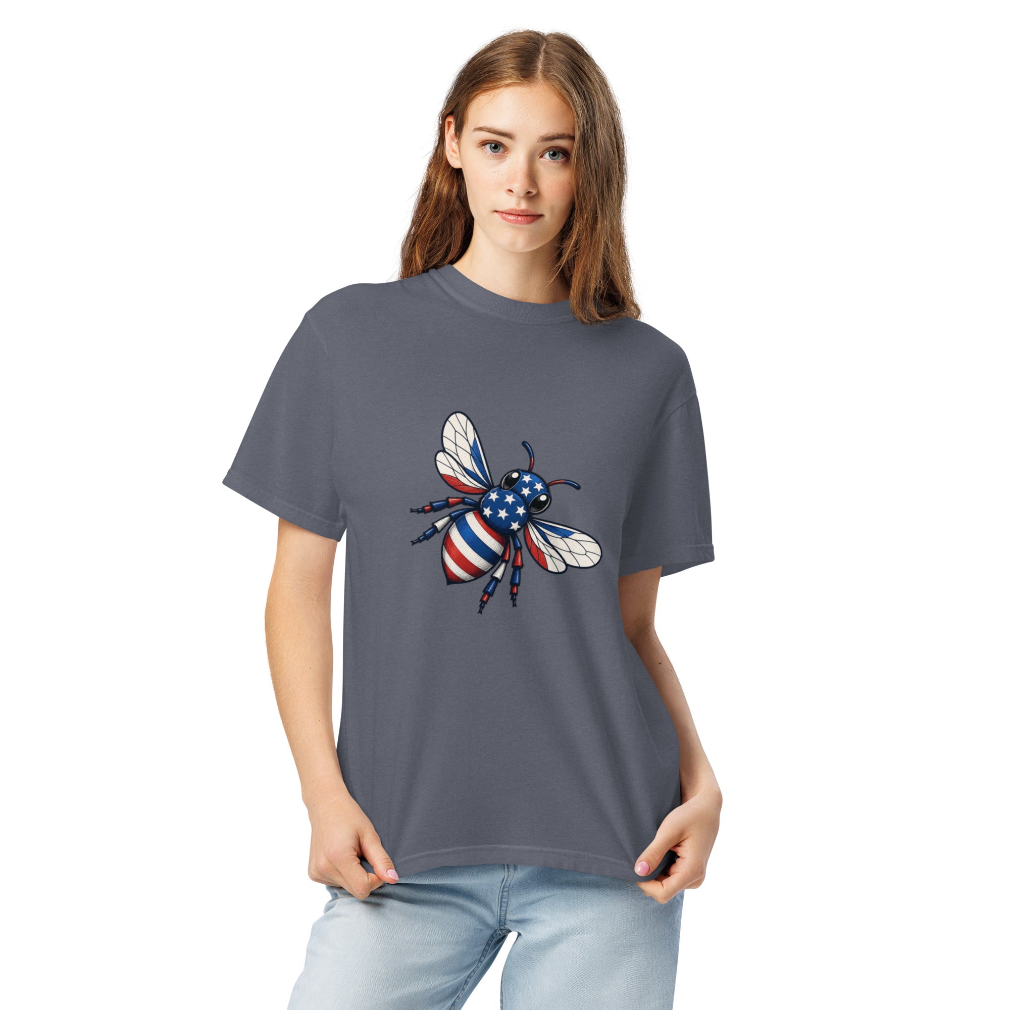 Dark gray unisex heavy T-shirt with crew neck and bee graphic on chest