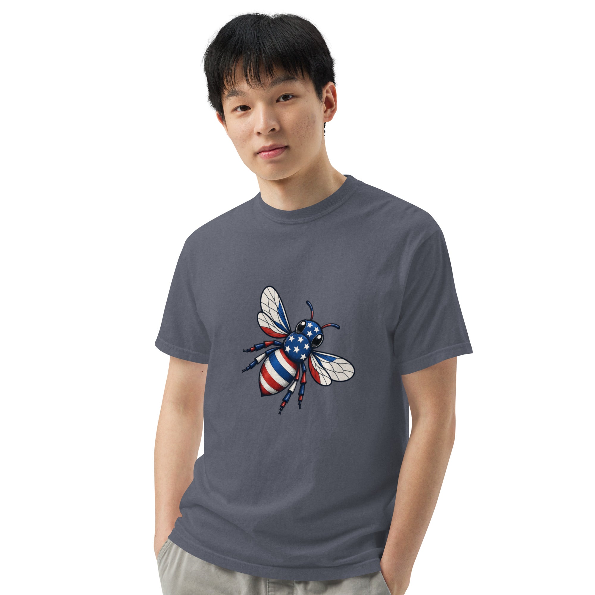 Unisex heavyweight t-shirt, slate grey, chest graphic bee with striped wings