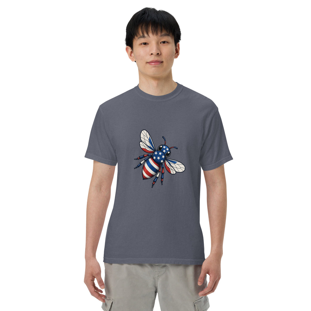 Heavyweight unisex T-shirt, slate gray with front graphic of a blue-and-white bee and stars