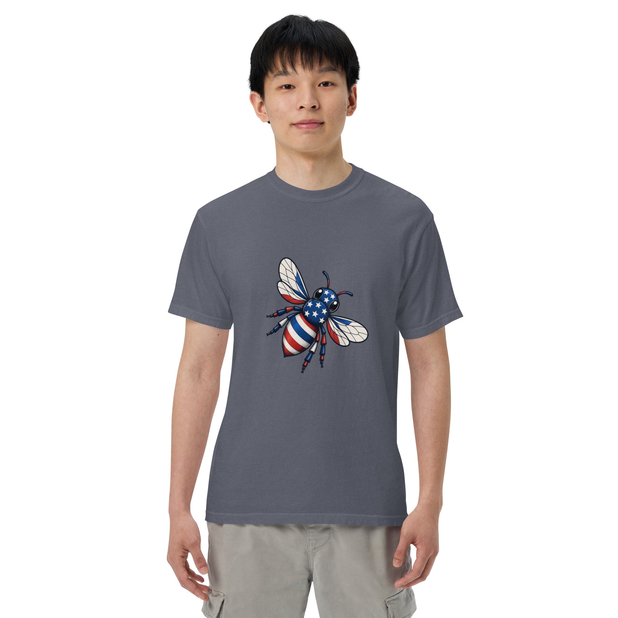 Heavyweight unisex T-shirt, slate gray with front graphic of a blue-and-white bee and stars