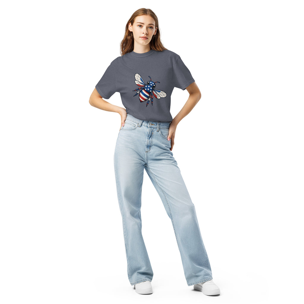 Unisex heavyweight t-shirt, dark navy, with colorful bee chest graphic