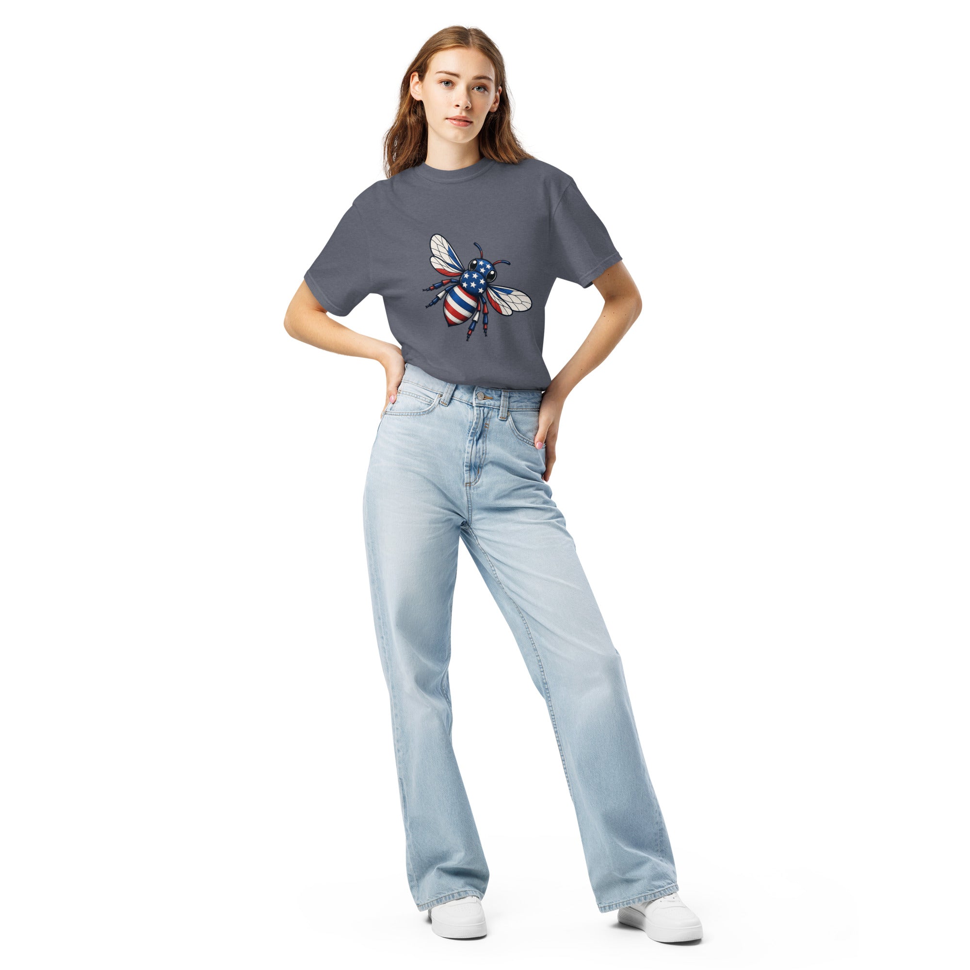 Unisex heavyweight t-shirt, dark navy, with colorful bee chest graphic