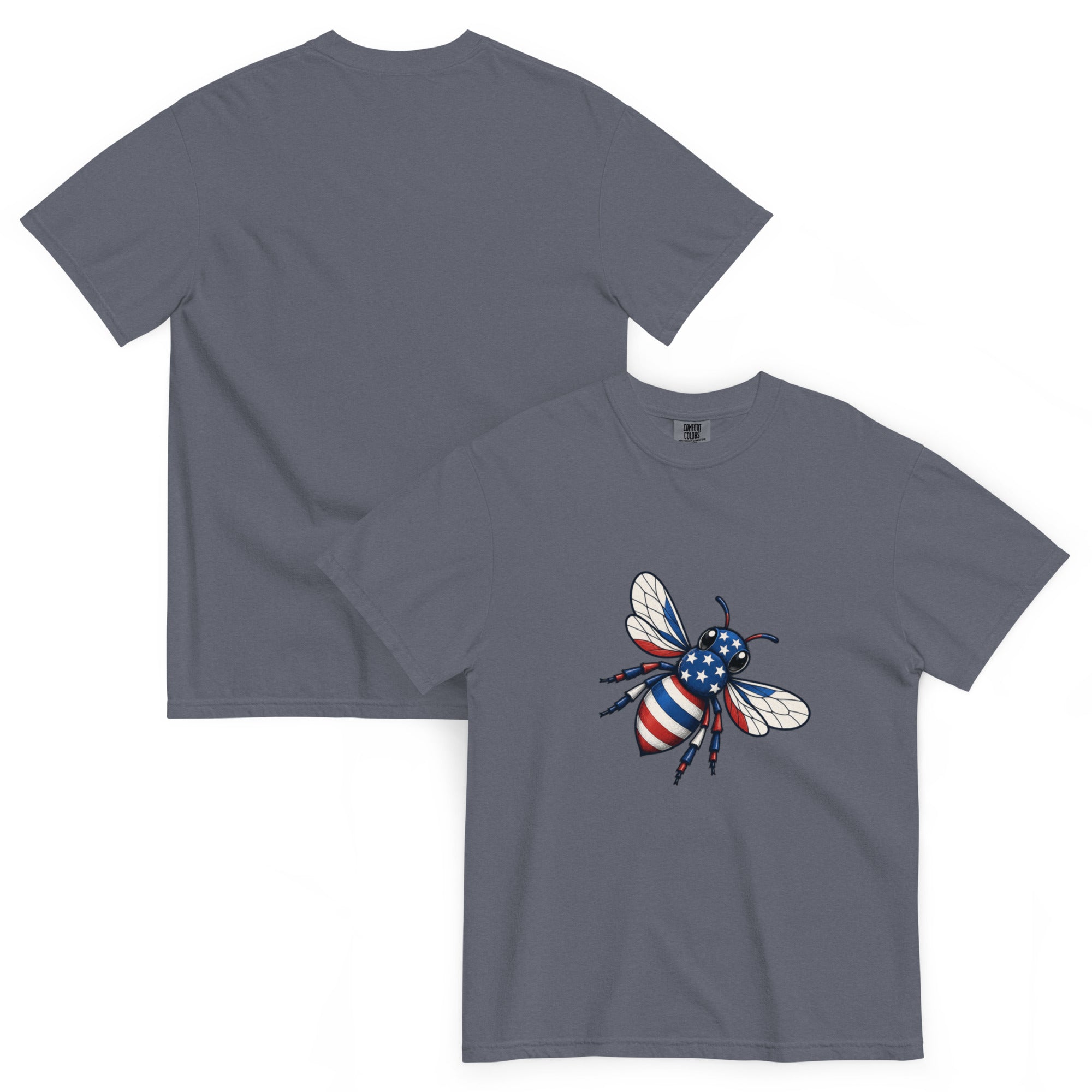 Unisex heavyweight T-shirt, gray, crew neck, bee graphic on chest.