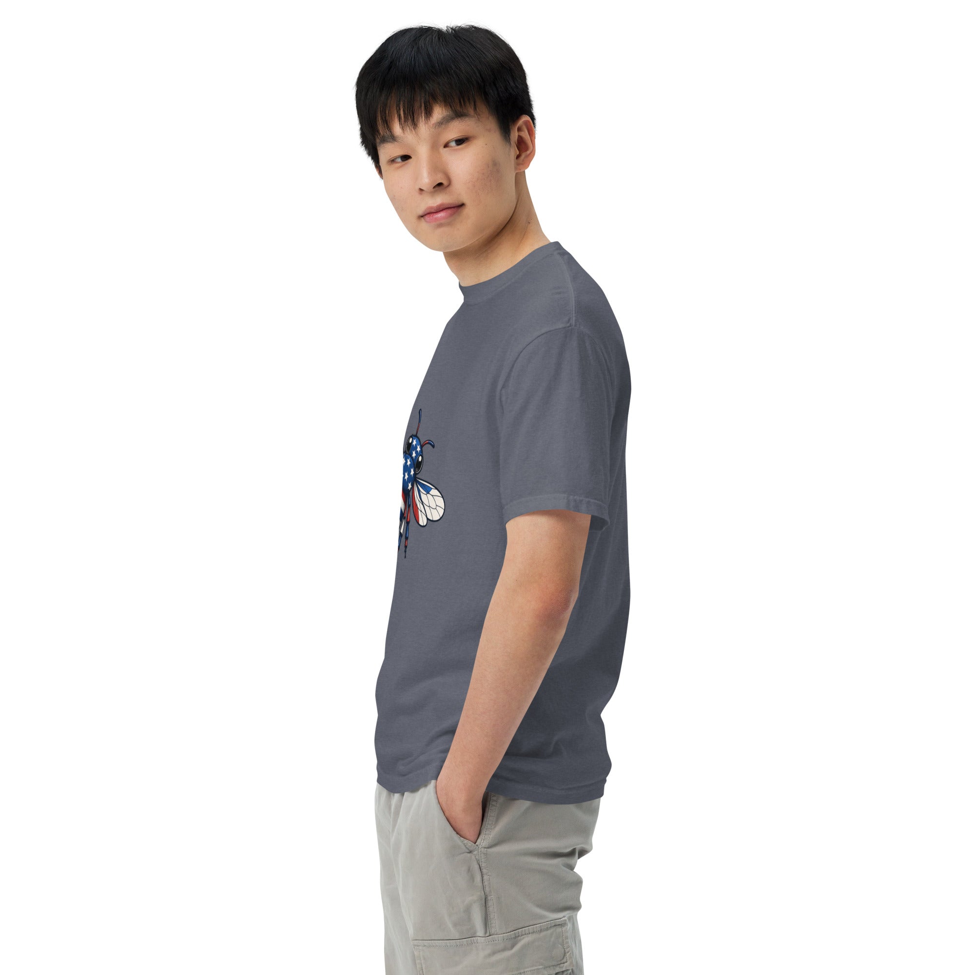 Unisex heavyweight T-shirt, dark gray with blue-red bee graphic