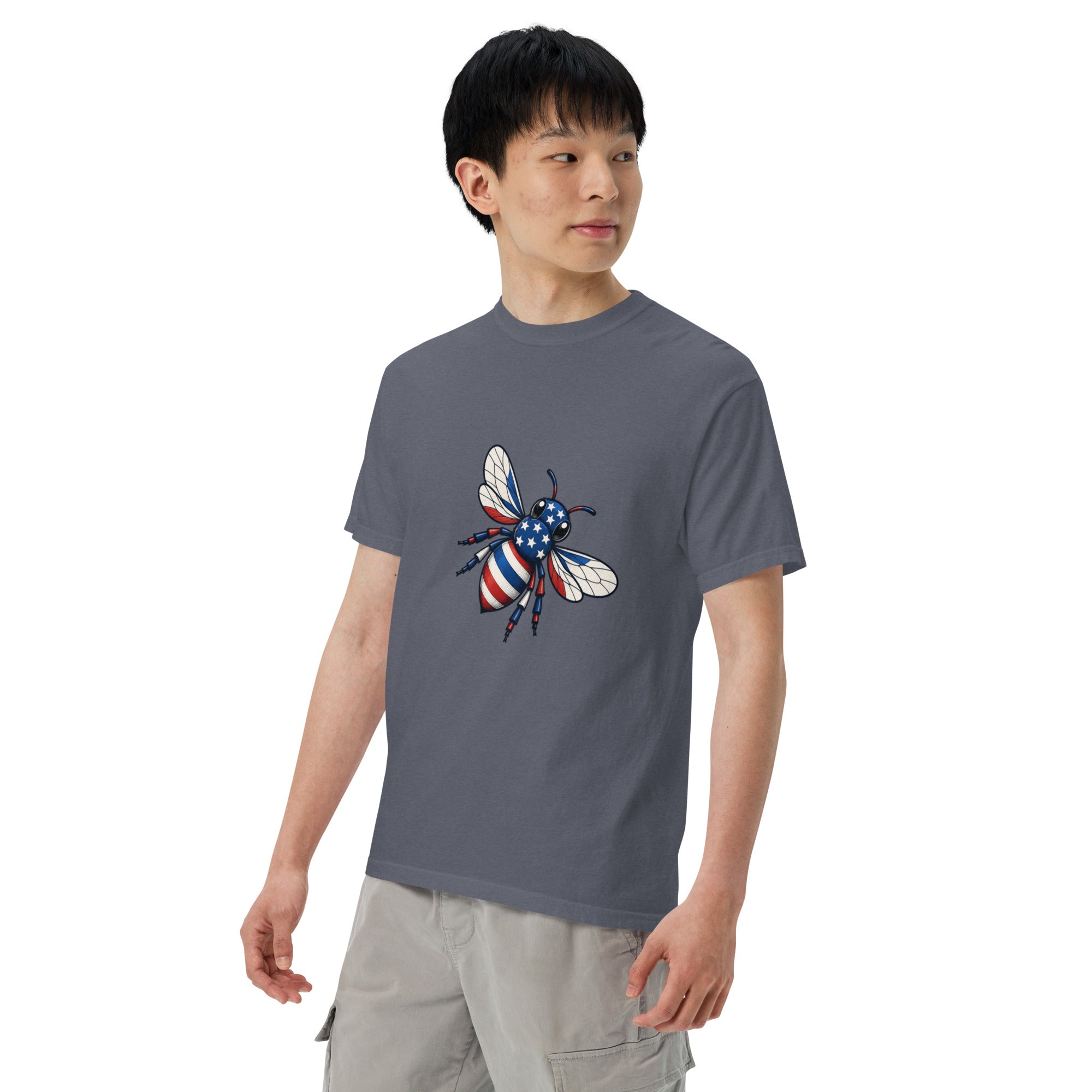 Blue-gray heavyweight unisex crew-neck T-shirt with colorful bee graphic on chest.