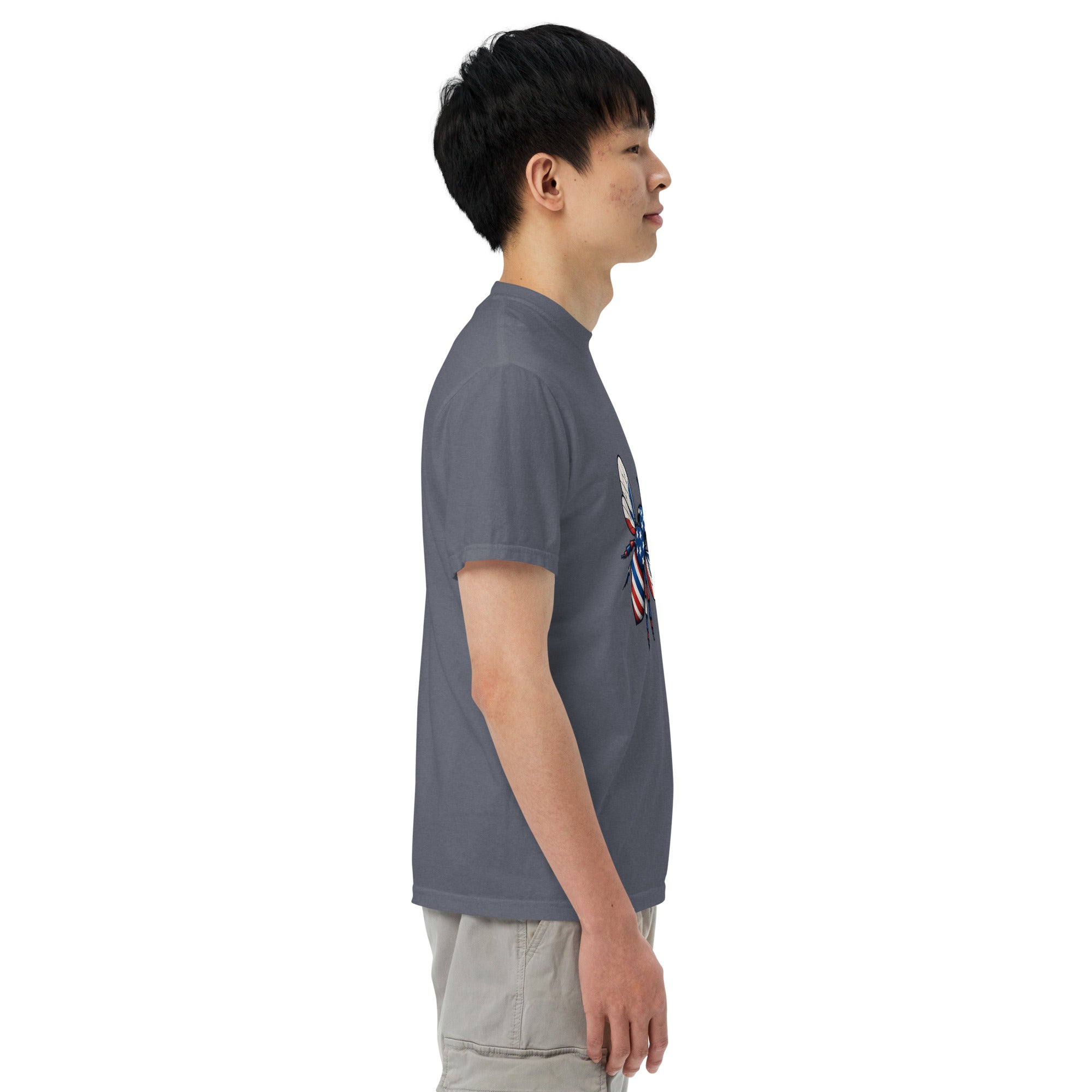 Unisex heavyweight T-shirt, slate blue side view with crew neck and short sleeves