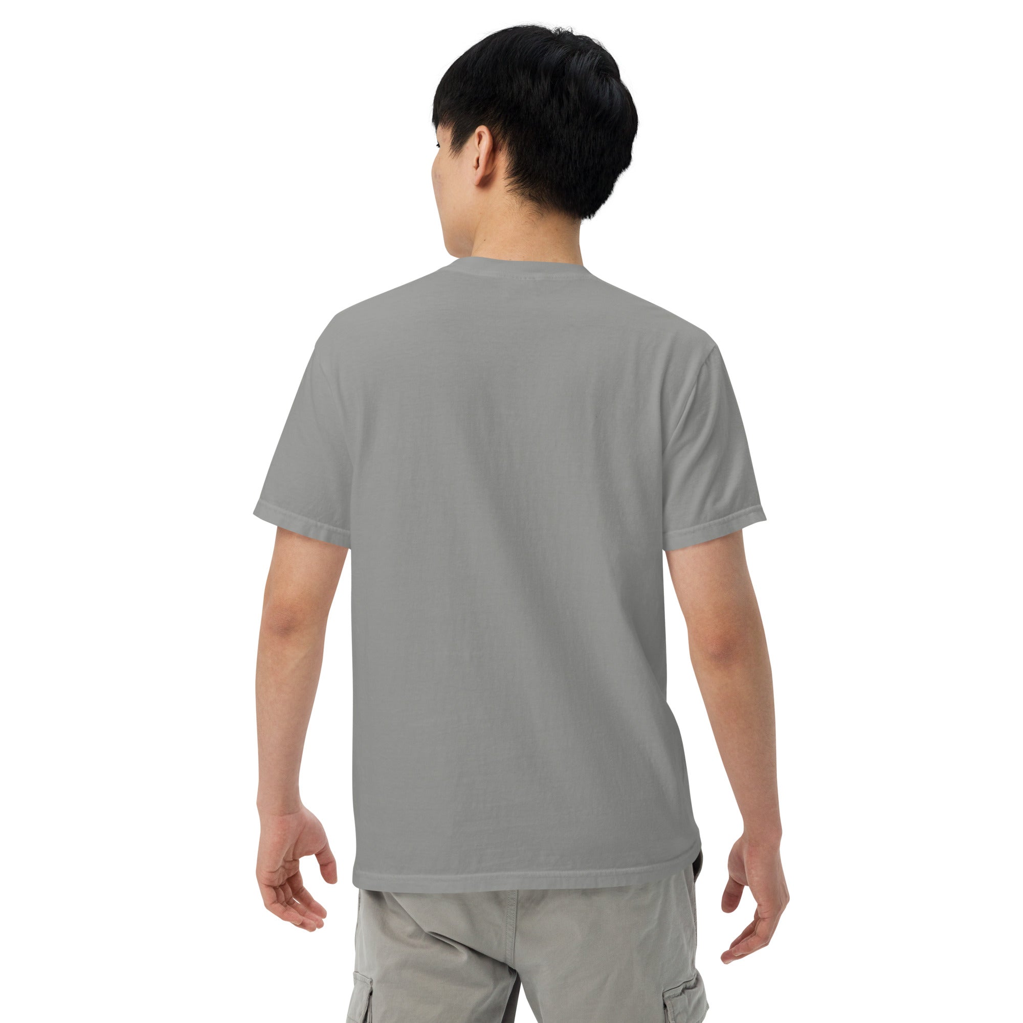 Unisex heavyweight T-shirt, light gray, short-sleeve crew neck, back view
