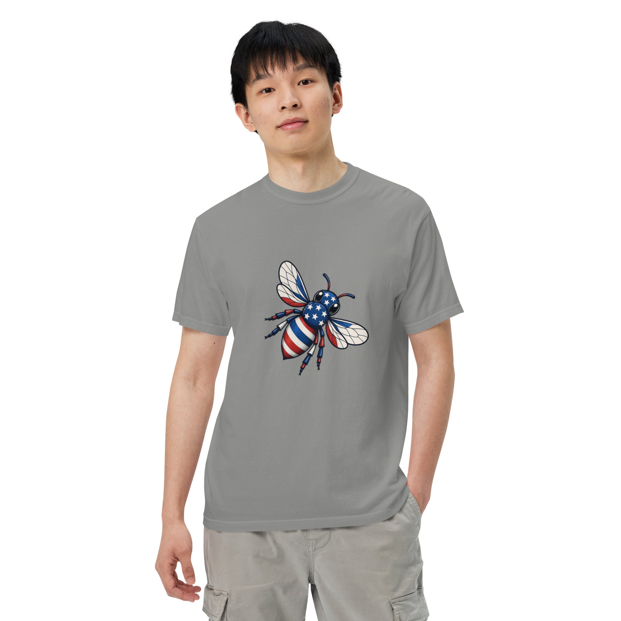 Light gray unisex heavyweight T-shirt with colorful bee graphic on chest
