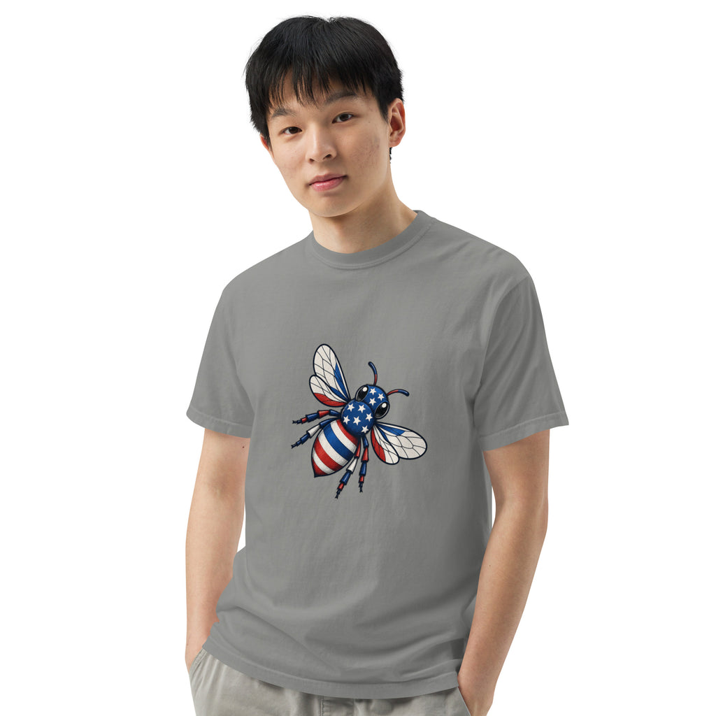 Gray heavyweight unisex crew-neck T-shirt with colorful bee graphic on chest.