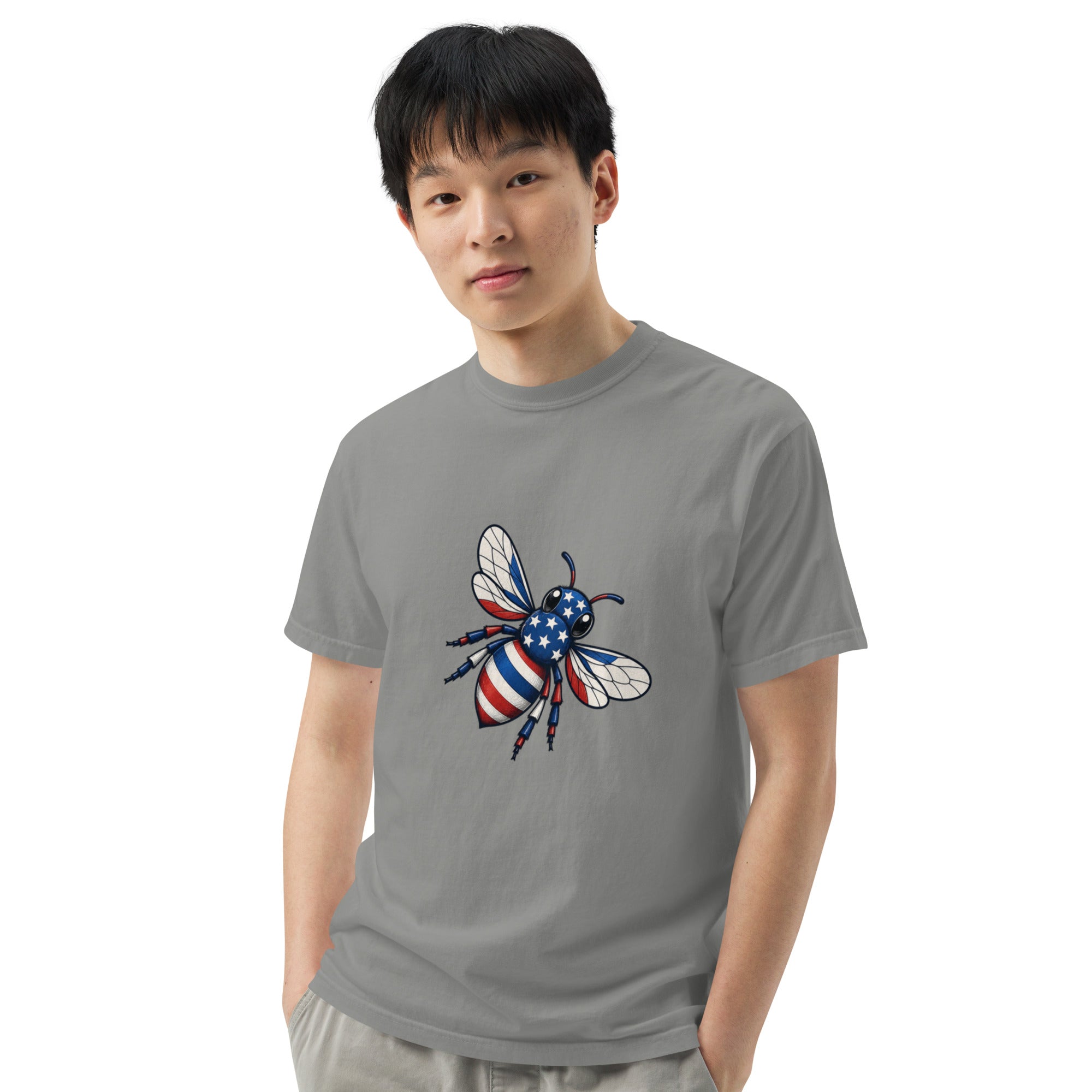 Gray heavyweight unisex crew-neck T-shirt with colorful bee graphic on chest.