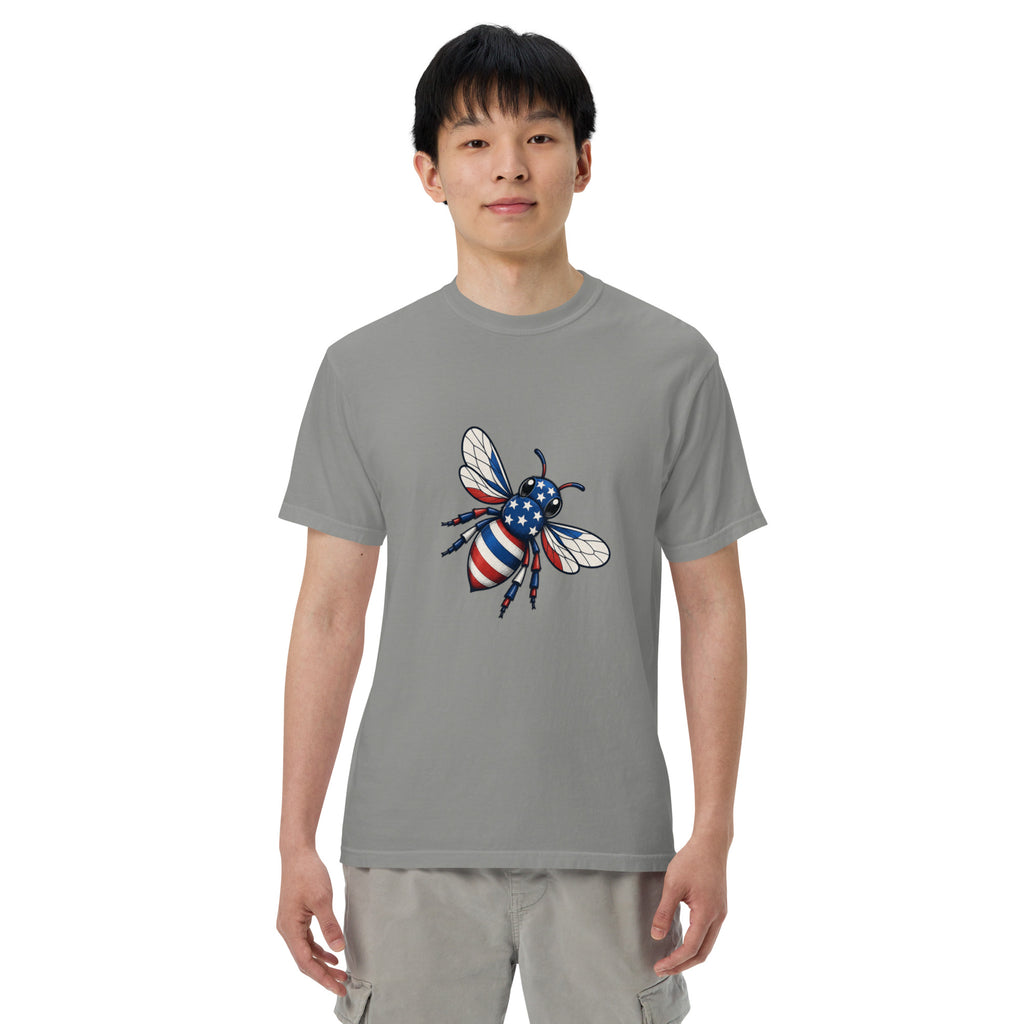 Heavyweight unisex T-shirt, medium gray with front graphic of a blue-and-white bee and stars