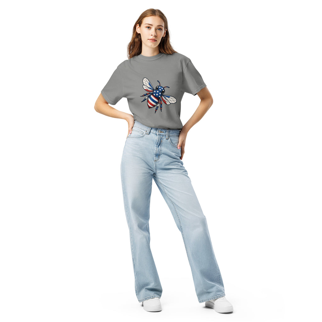 Unisex heavyweight t-shirt, heather gray, with colorful bee chest graphic
