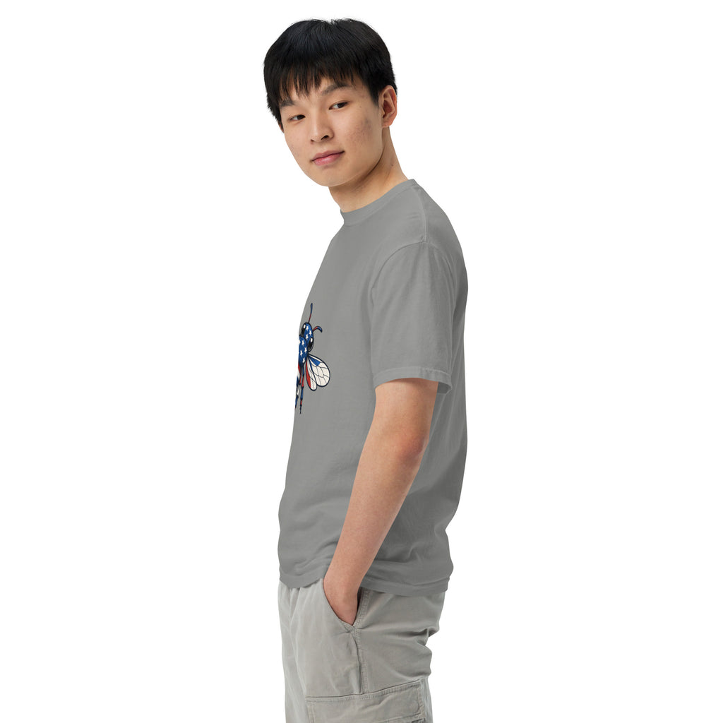 Unisex heavyweight T-shirt, dark gray side view with blue-red bee graphic