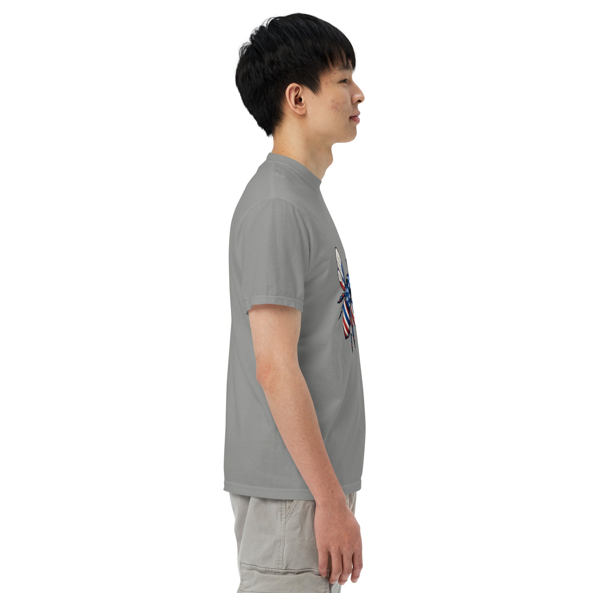 Unisex heavyweight T-shirt, light gray side view with crew neck and short sleeves