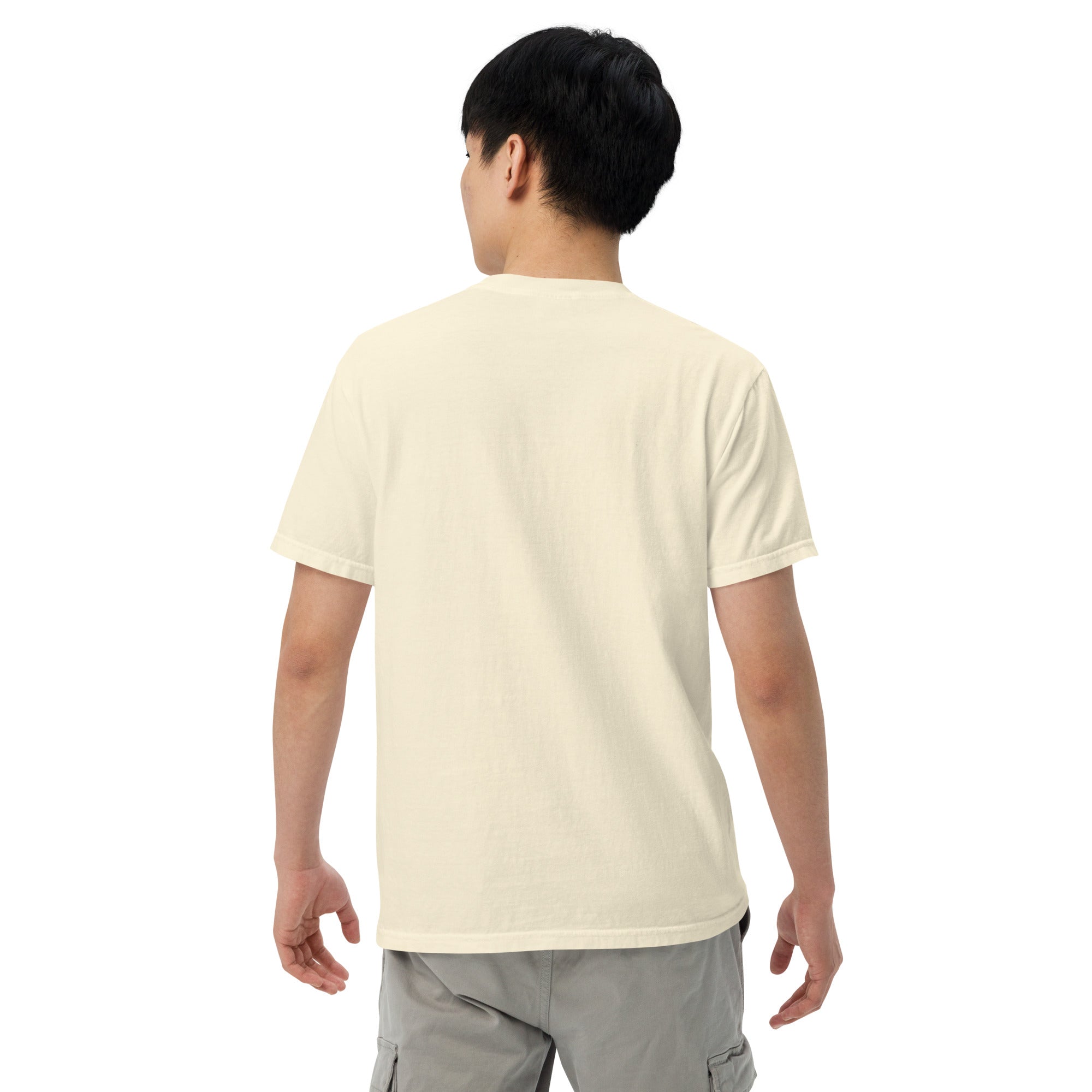 Unisex heavyweight T-shirt, ivory back view with crew neck and short sleeves