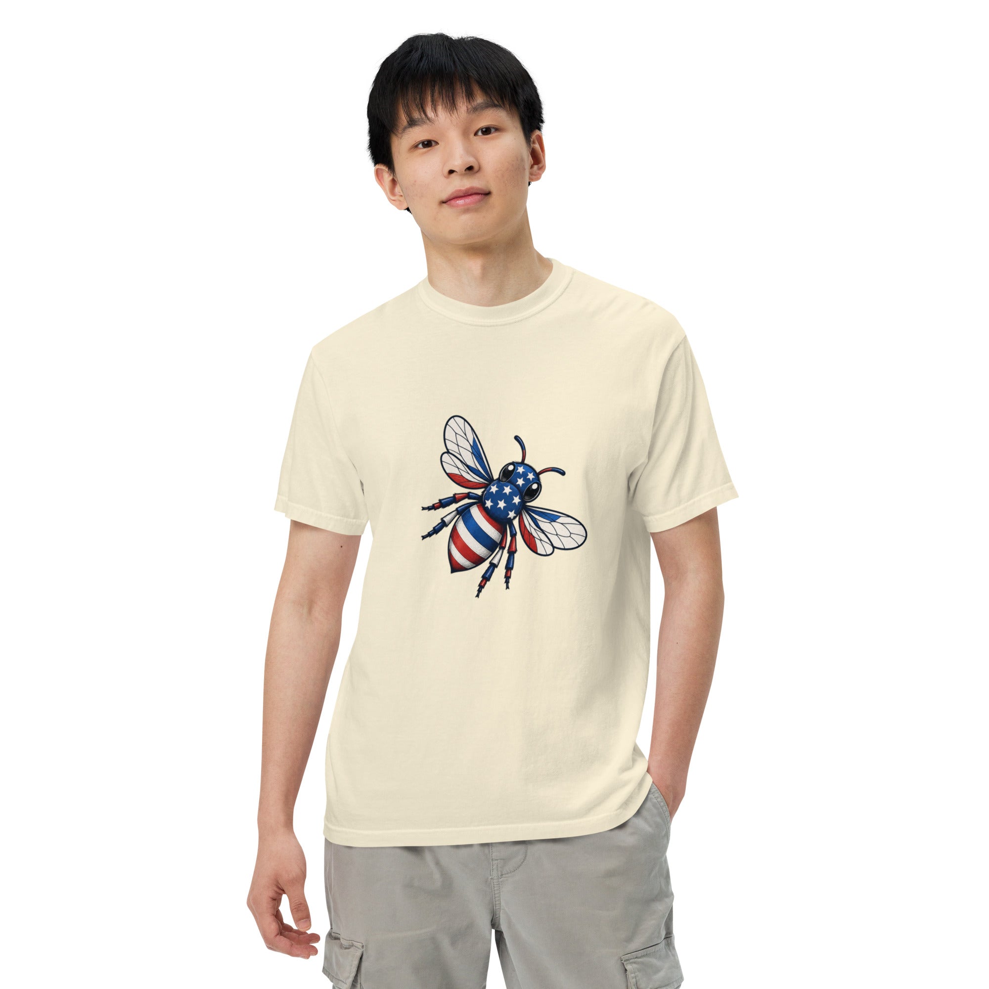 Unisex heavyweight t-shirt, off-white, chest graphic bee with striped wings