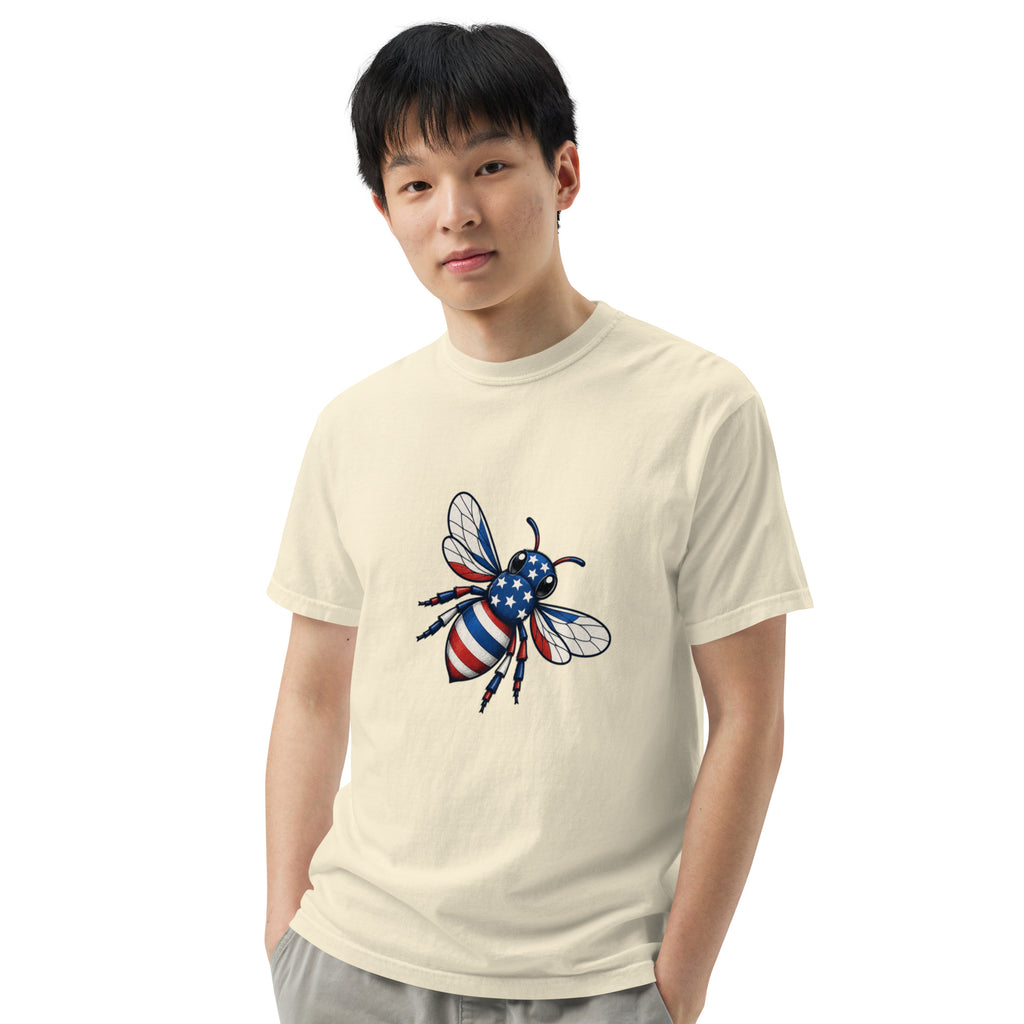 Unisex heavyweight T-shirt, ivory front view with blue-red bee graphic