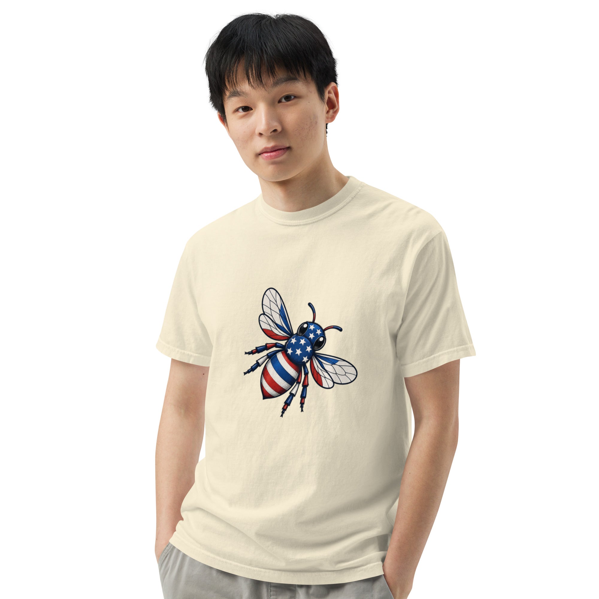 Unisex heavyweight T-shirt, ivory front view with blue-red bee graphic