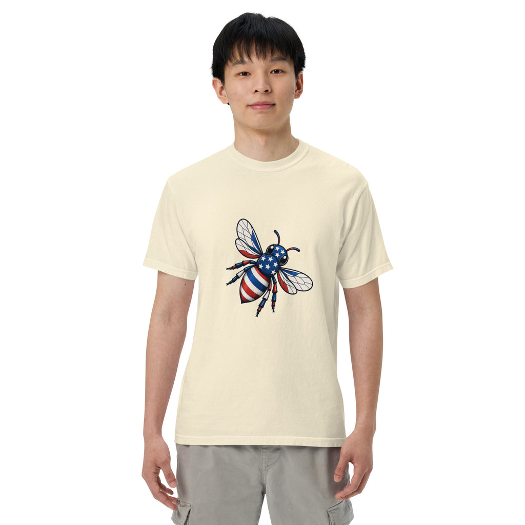 Heavyweight unisex T-shirt, ivory/cream with front graphic of a blue-and-white bee and stars