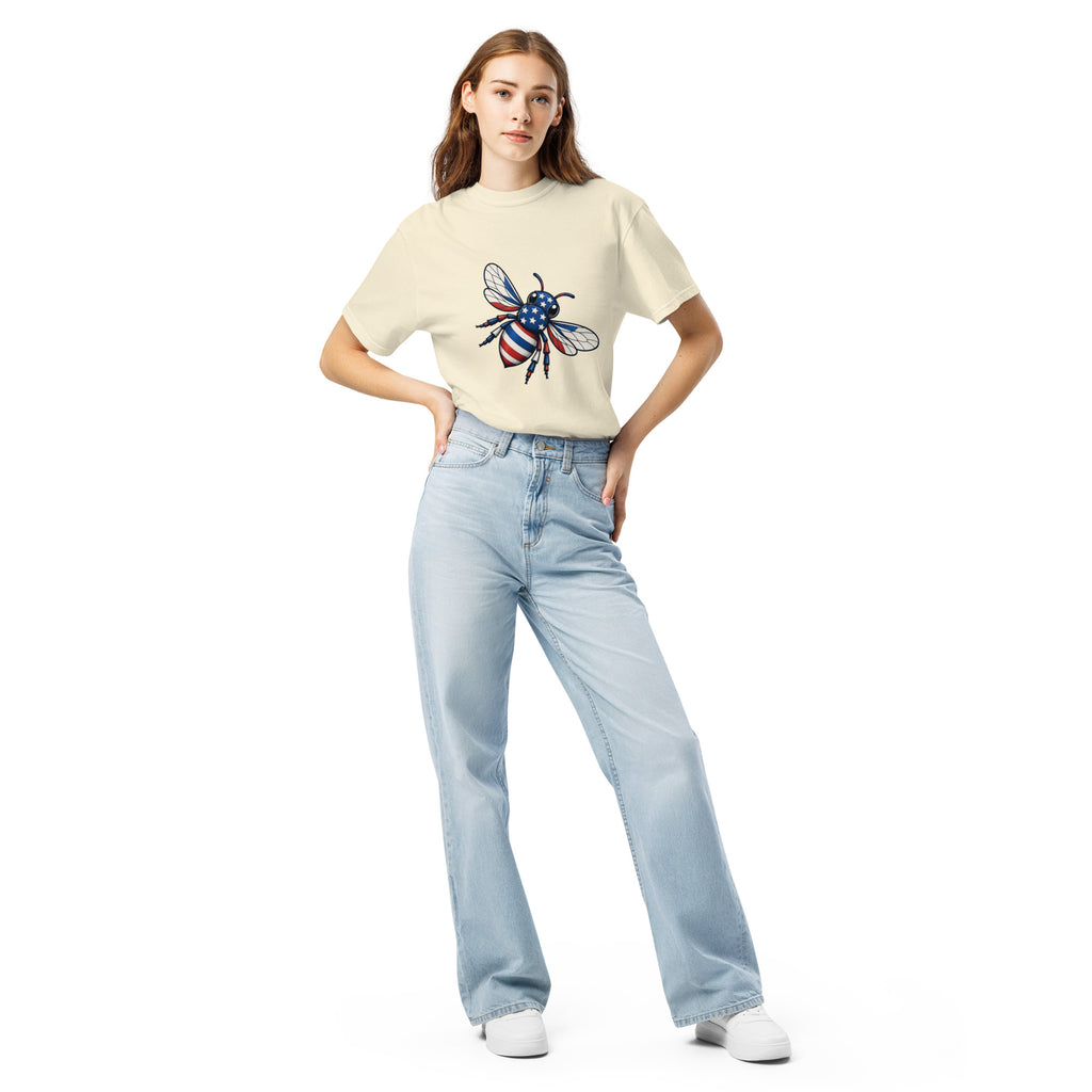 Unisex heavyweight t-shirt, ivory, with colorful bee chest graphic