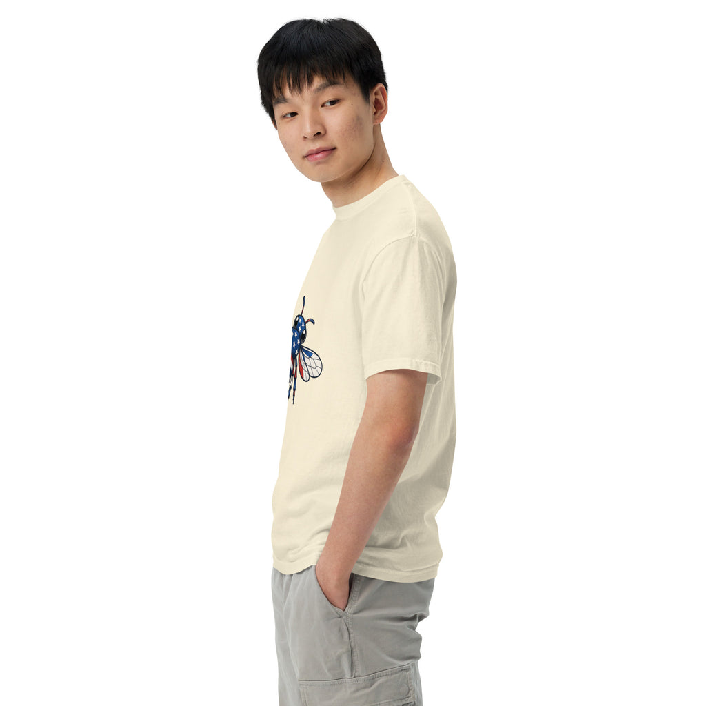 Unisex heavyweight T-shirt, ivory side view with blue-red bee graphic