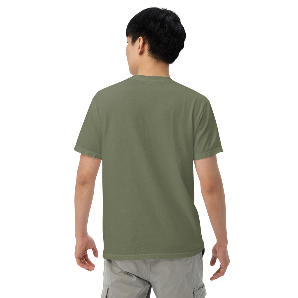Unisex heavyweight T-shirt, olive green, short-sleeve crew neck, back view