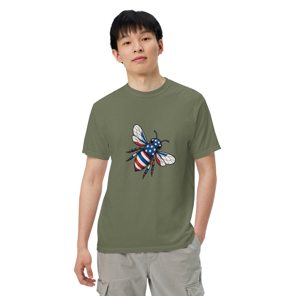 Olive green unisex heavyweight T-shirt with colorful bee graphic on chest