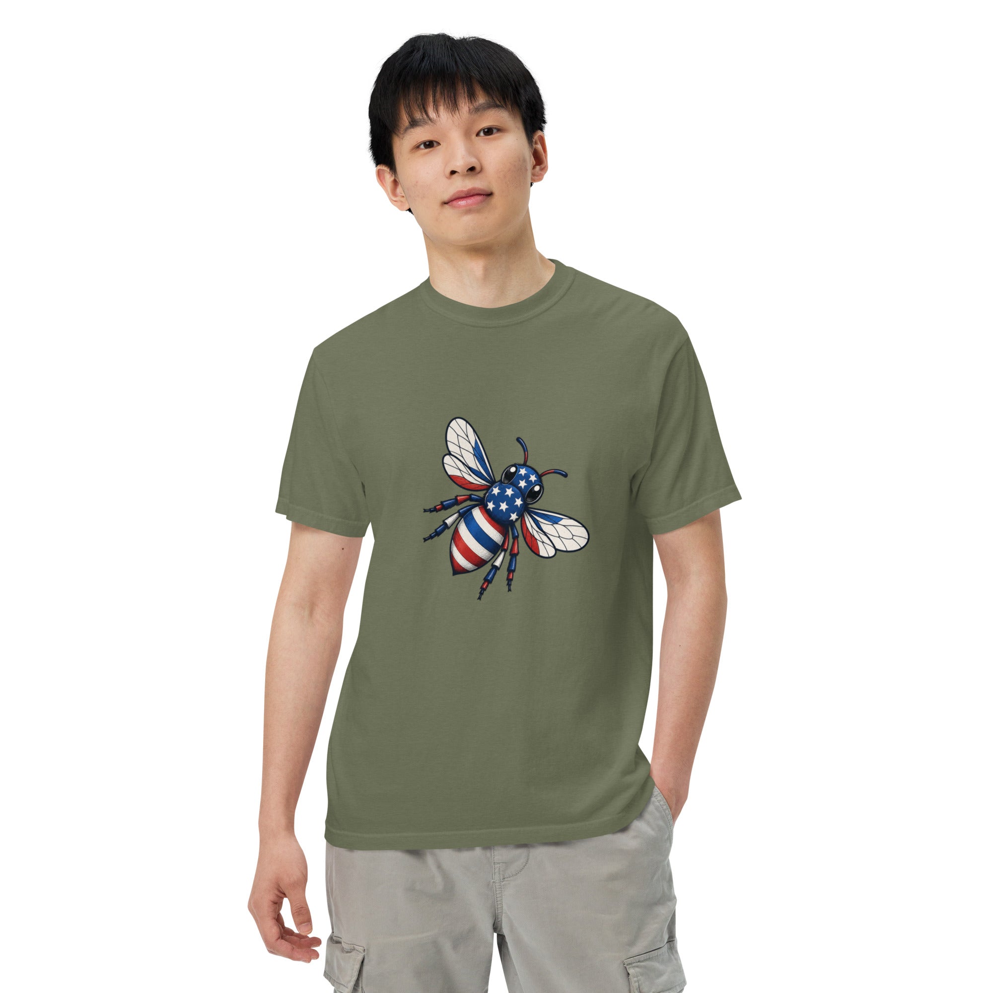 Olive green unisex heavyweight T-shirt with colorful bee graphic on chest