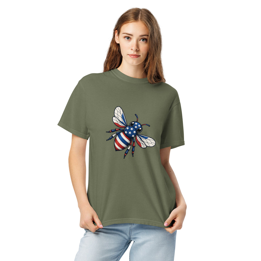Olive green unisex heavy T-shirt with crew neck and bee graphic on chest
