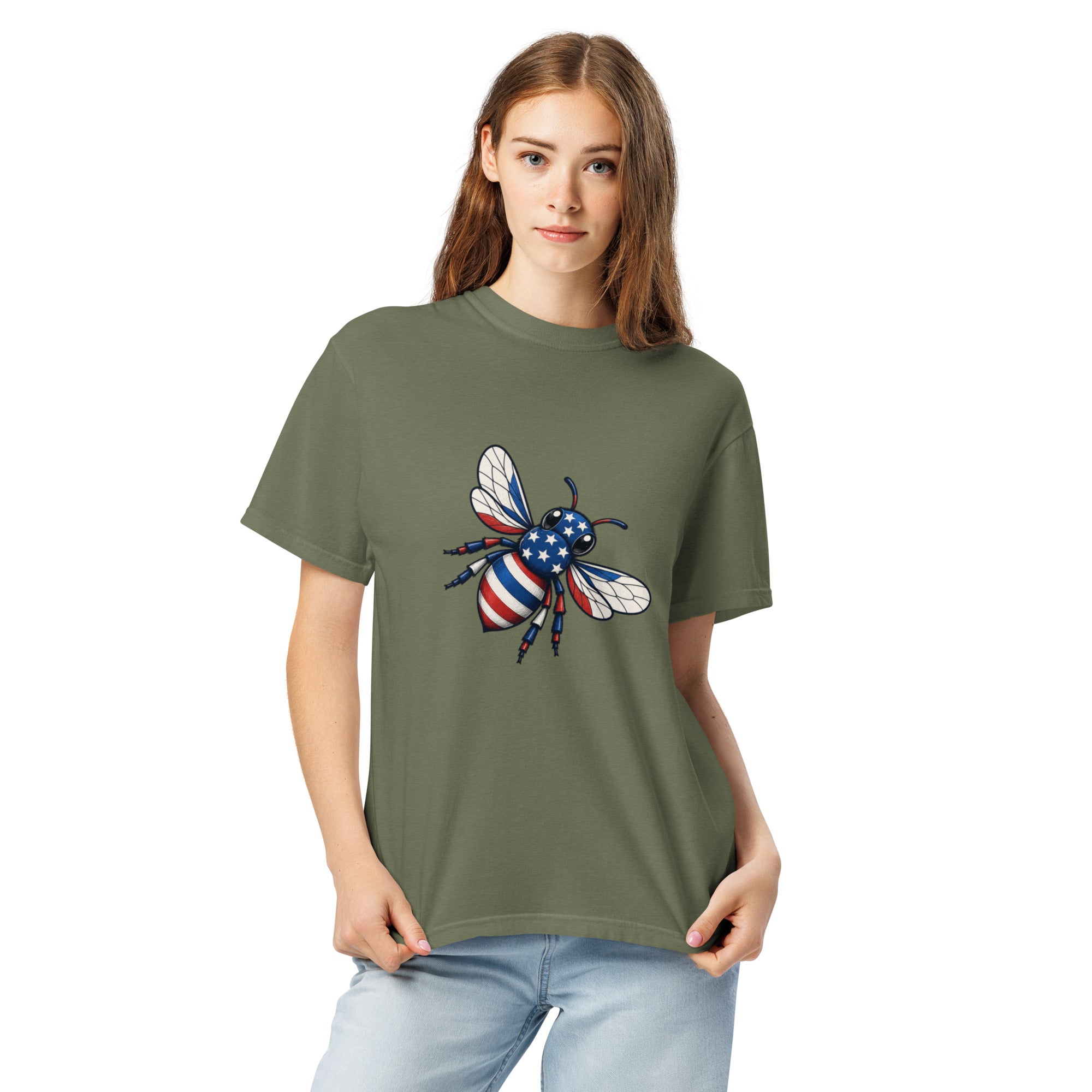 Olive green unisex heavy T-shirt with crew neck and bee graphic on chest