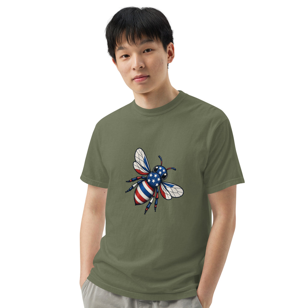 Olive green heavyweight unisex crew-neck T-shirt with colorful bee graphic on chest.