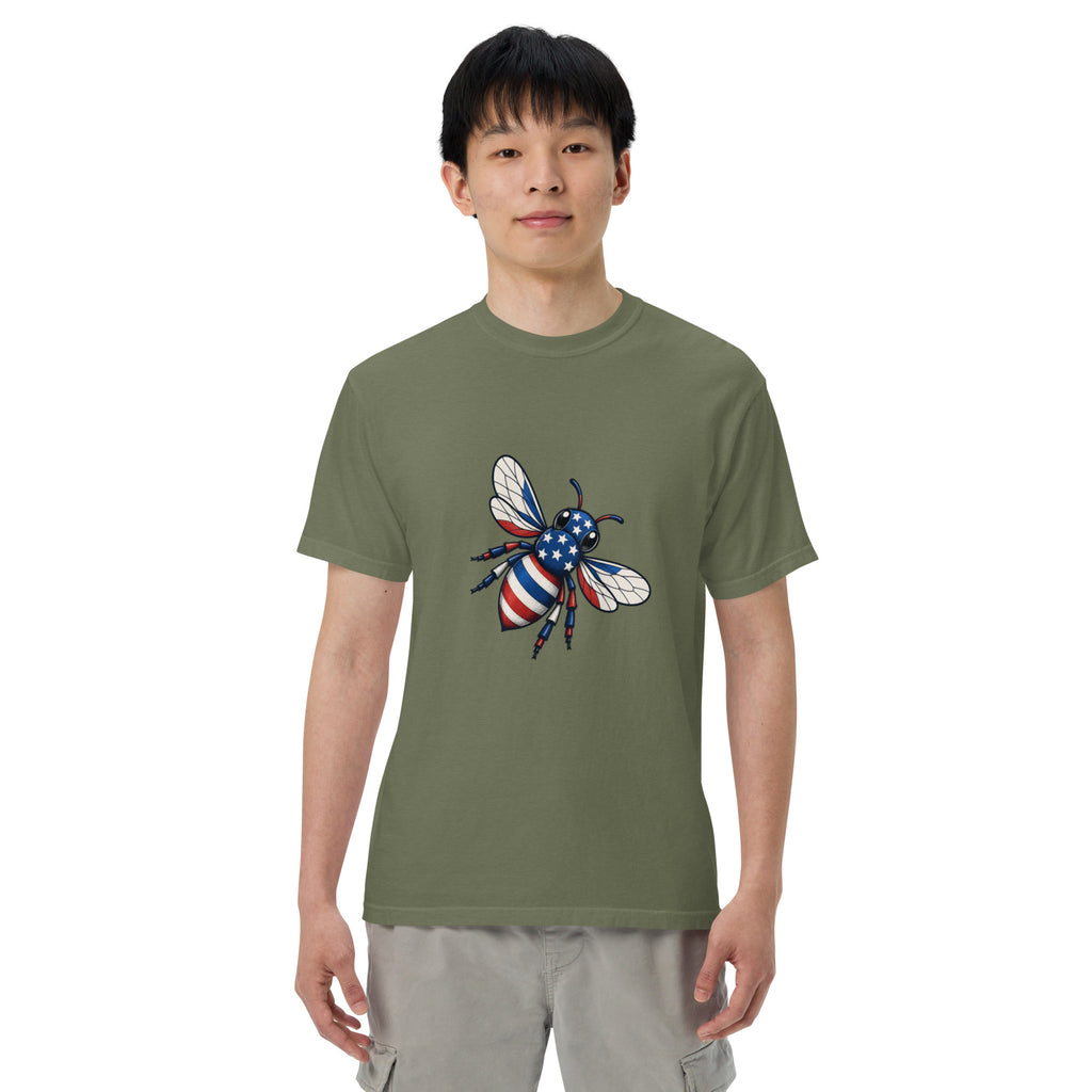 Heavyweight unisex T-shirt, olive green with front graphic of a blue-and-white bee and stars