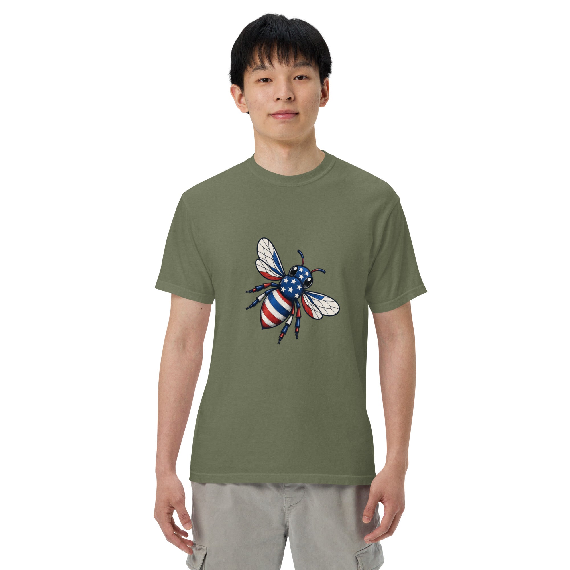 Heavyweight unisex T-shirt, olive green with front graphic of a blue-and-white bee and stars