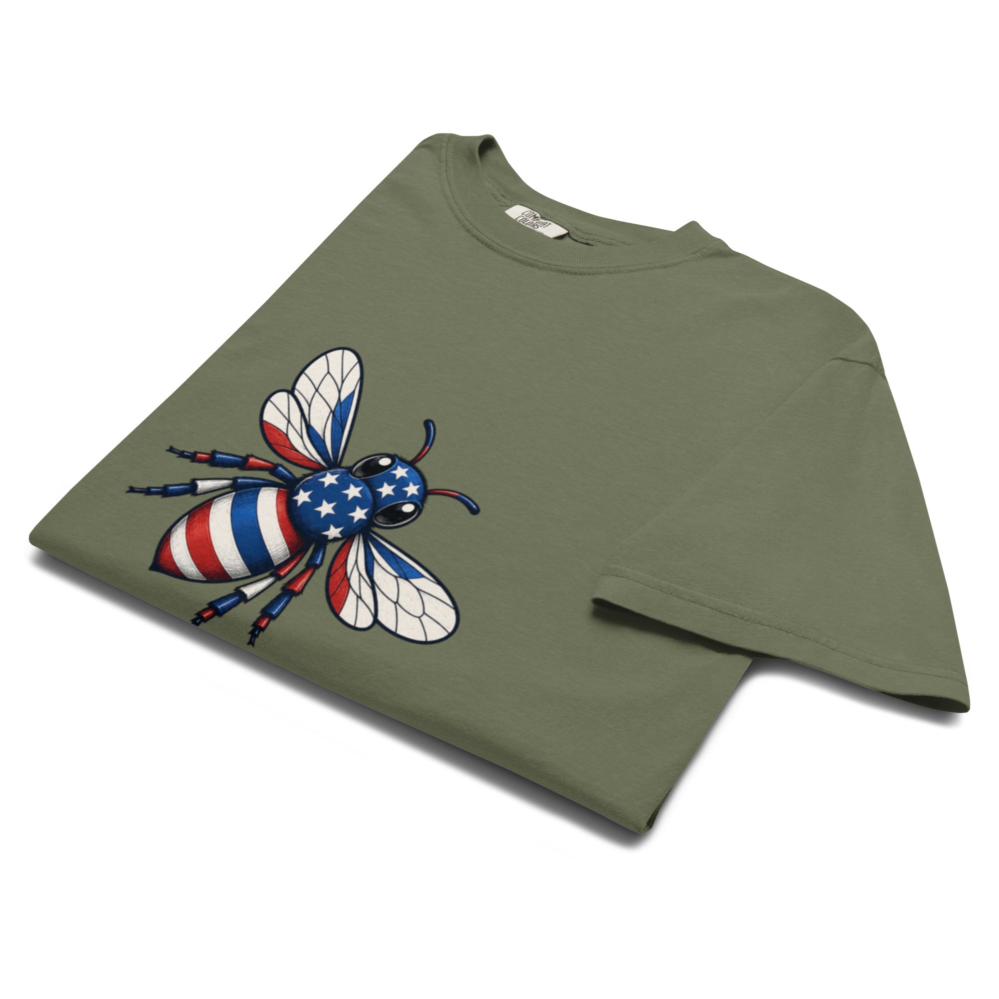 Heavyweight unisex T-shirt in olive green with large American bee graphic on front