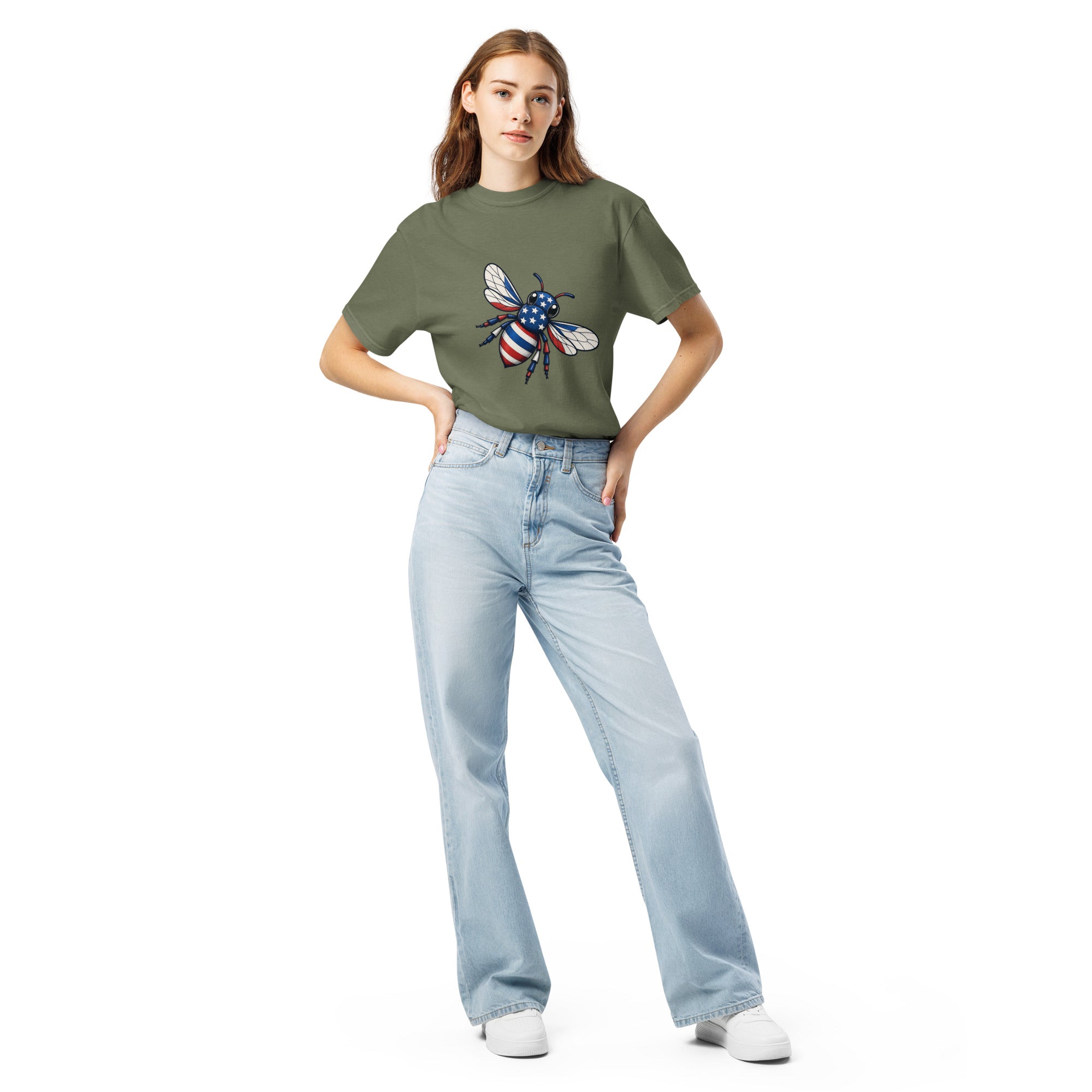 Unisex heavyweight t-shirt, olive green, with colorful bee chest graphic