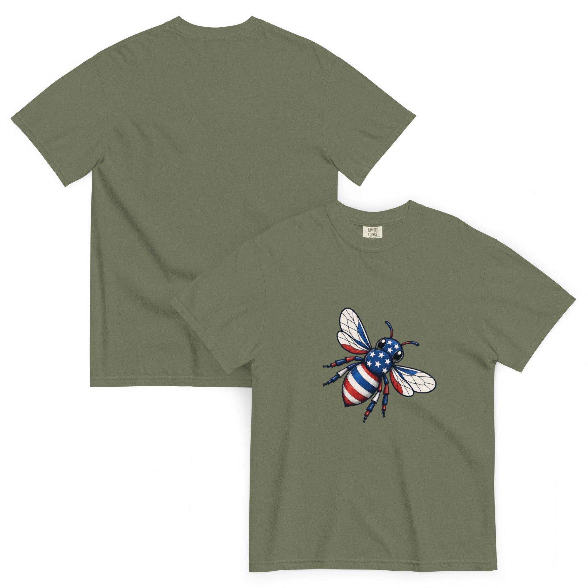 Unisex heavyweight T-shirt, moss green, crew neck, bee graphic on chest.