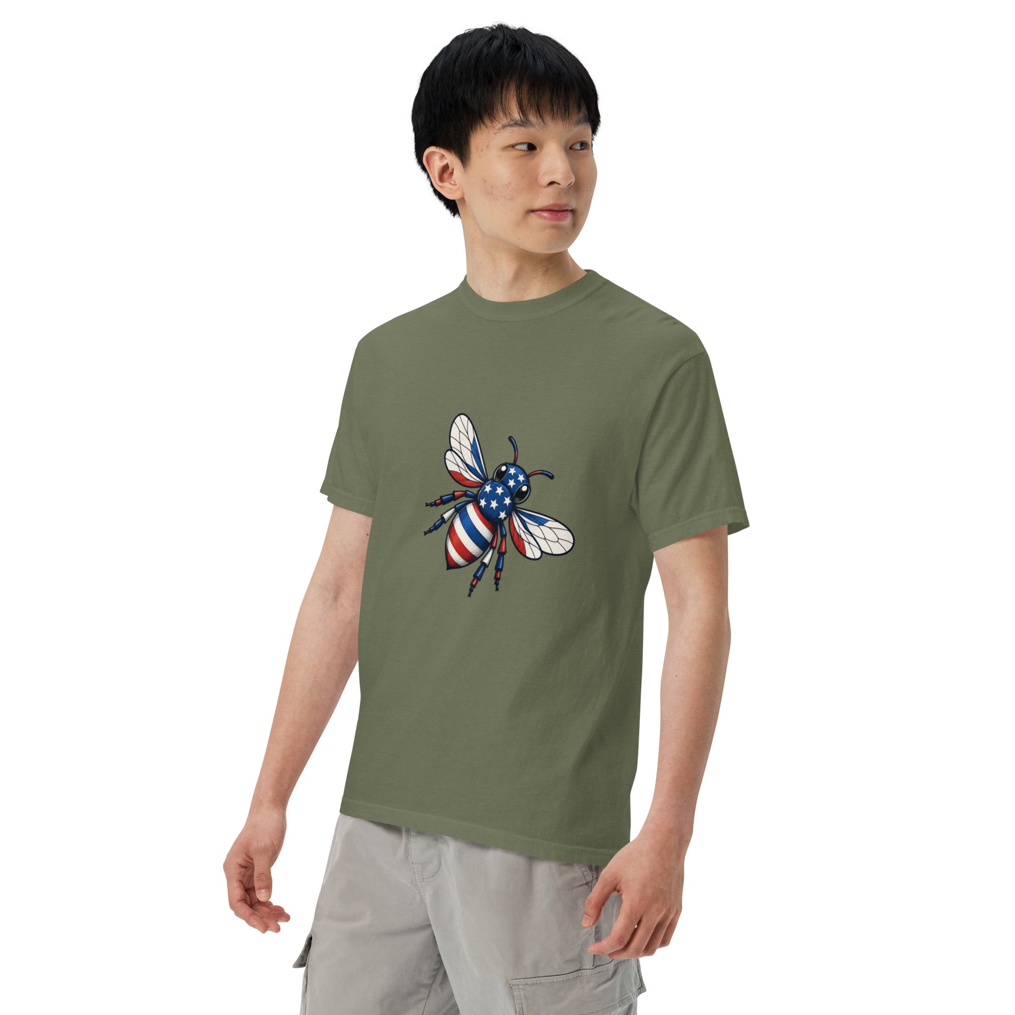 Sage green unisex heavyweight T-shirt with front bee graphic and crew neck