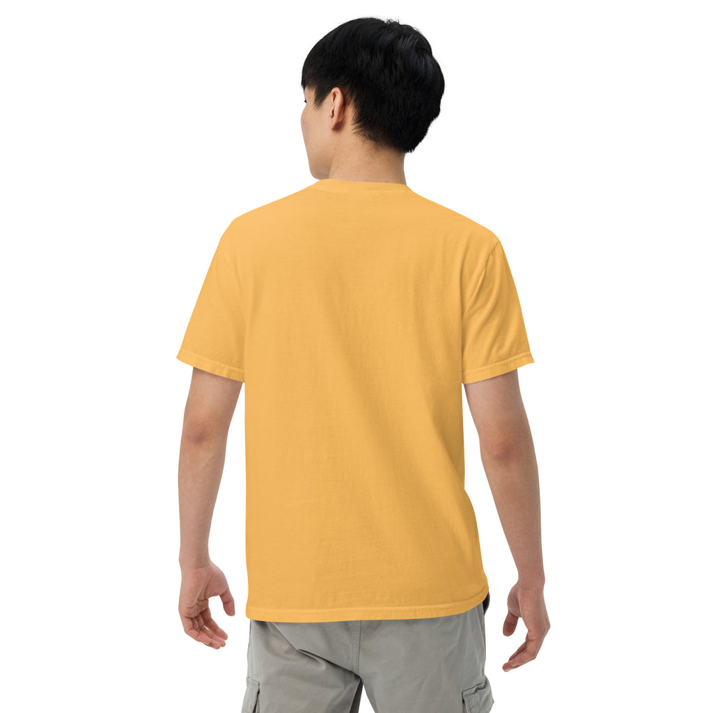 Unisex heavyweight T-shirt, mustard yellow, short-sleeve crew neck, back view