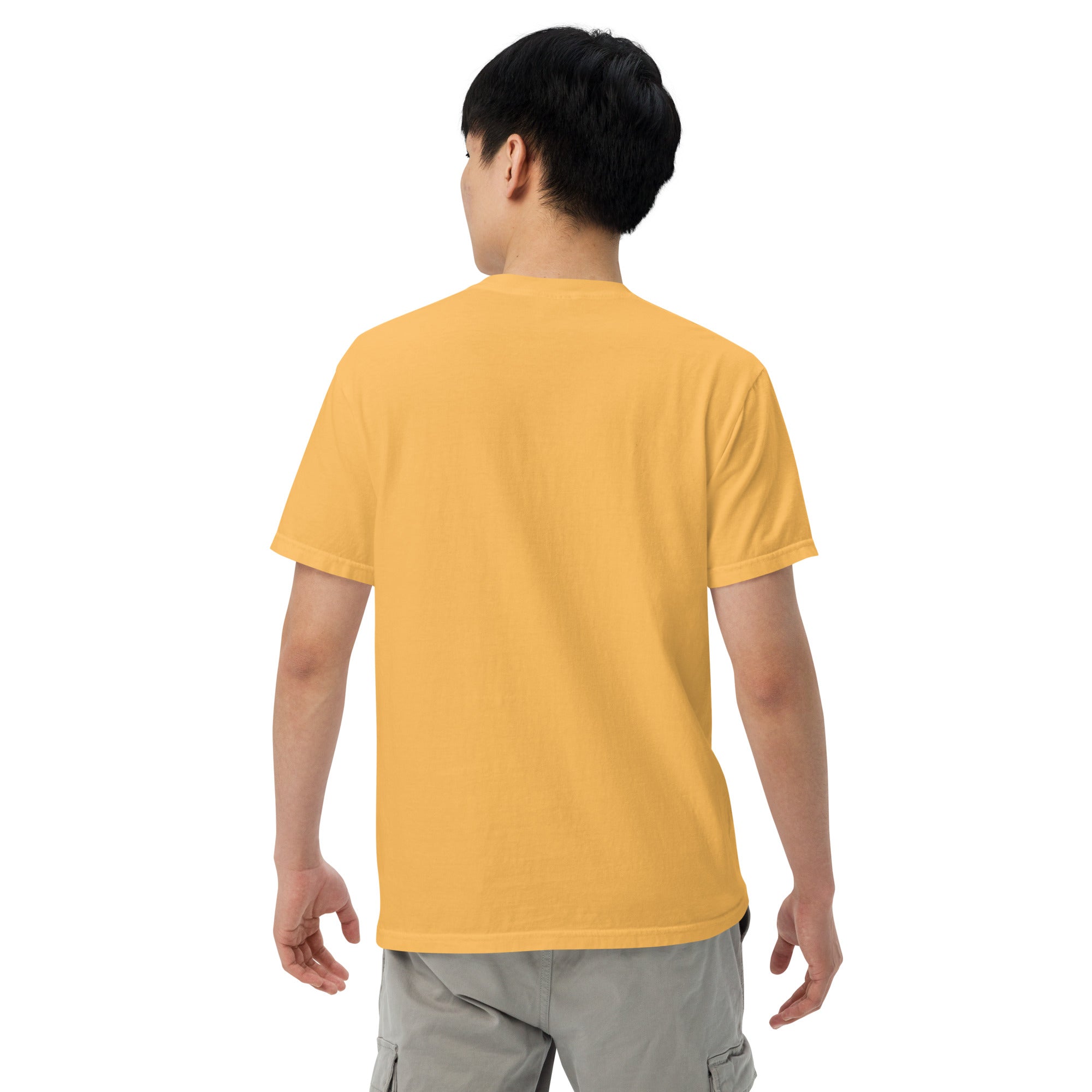 Unisex heavyweight T-shirt, mustard yellow, short-sleeve crew neck, back view